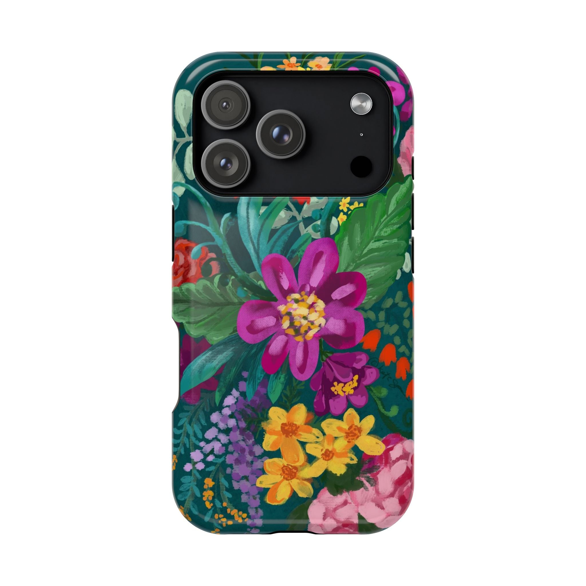 Posy MagSafe iPhone 17 Pro Case – Glossy | teal, magenta, yellow, pink vibrant botanical floral print