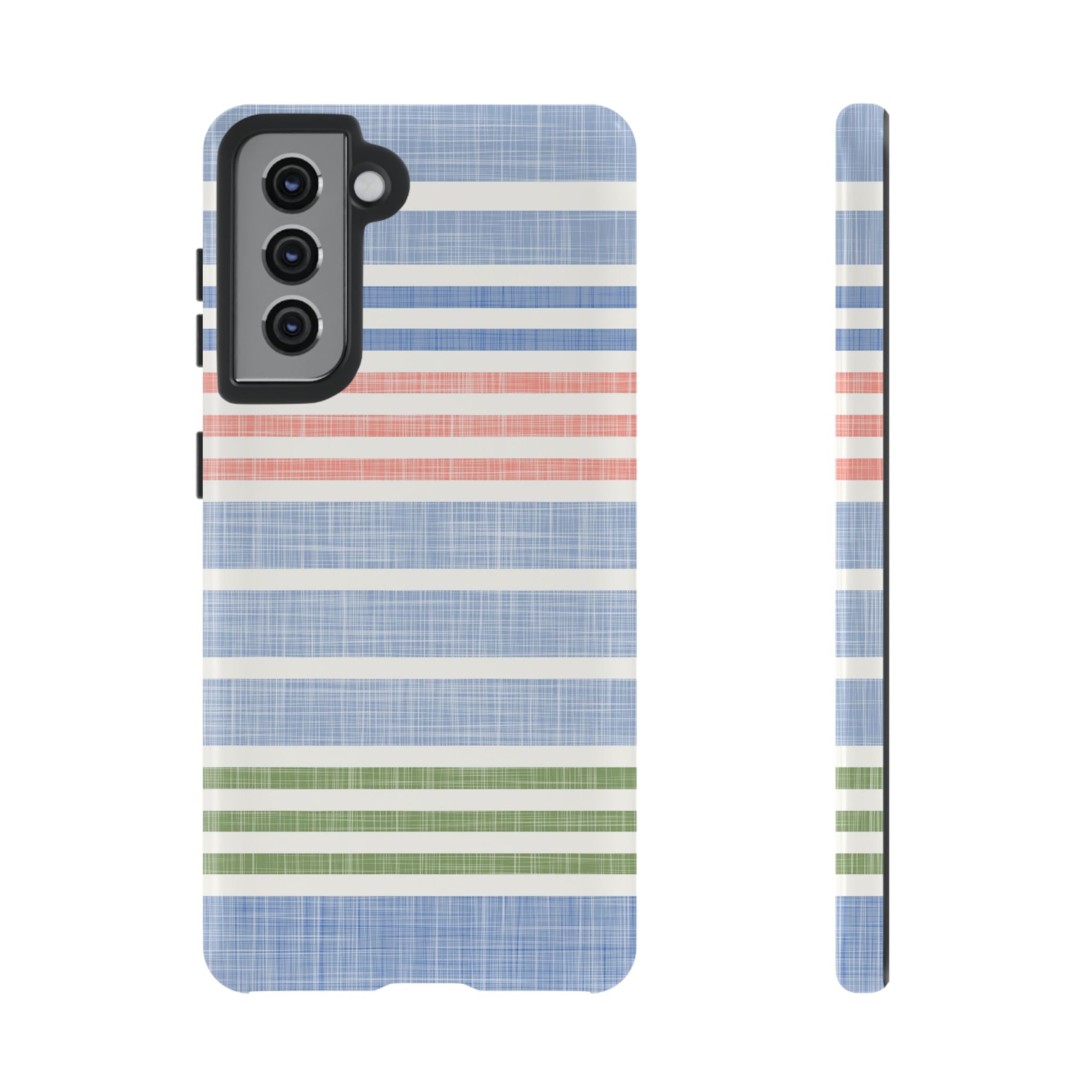 Cabana Stripe Pastel Samsung Galaxy S21 Case – Glossy | soft blue, coral, sage green chambray-textured stripe print dual-layer protection