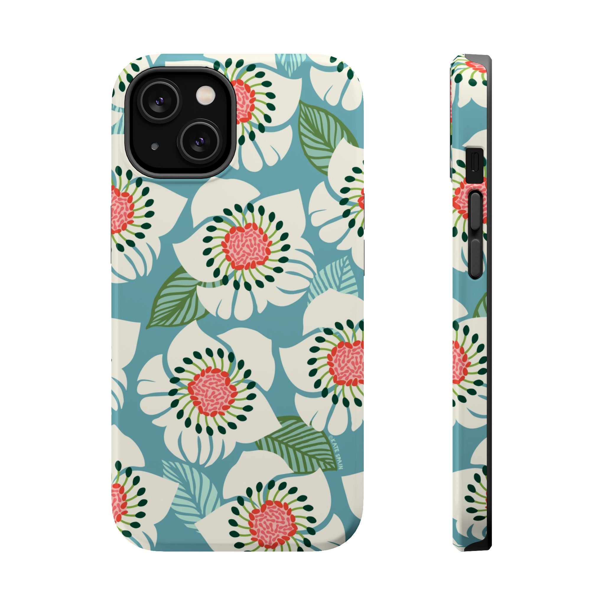 Panache Floral MagSafe iPhone 14 Case – Glossy | sky blue, pale cream, pink anemone floral print