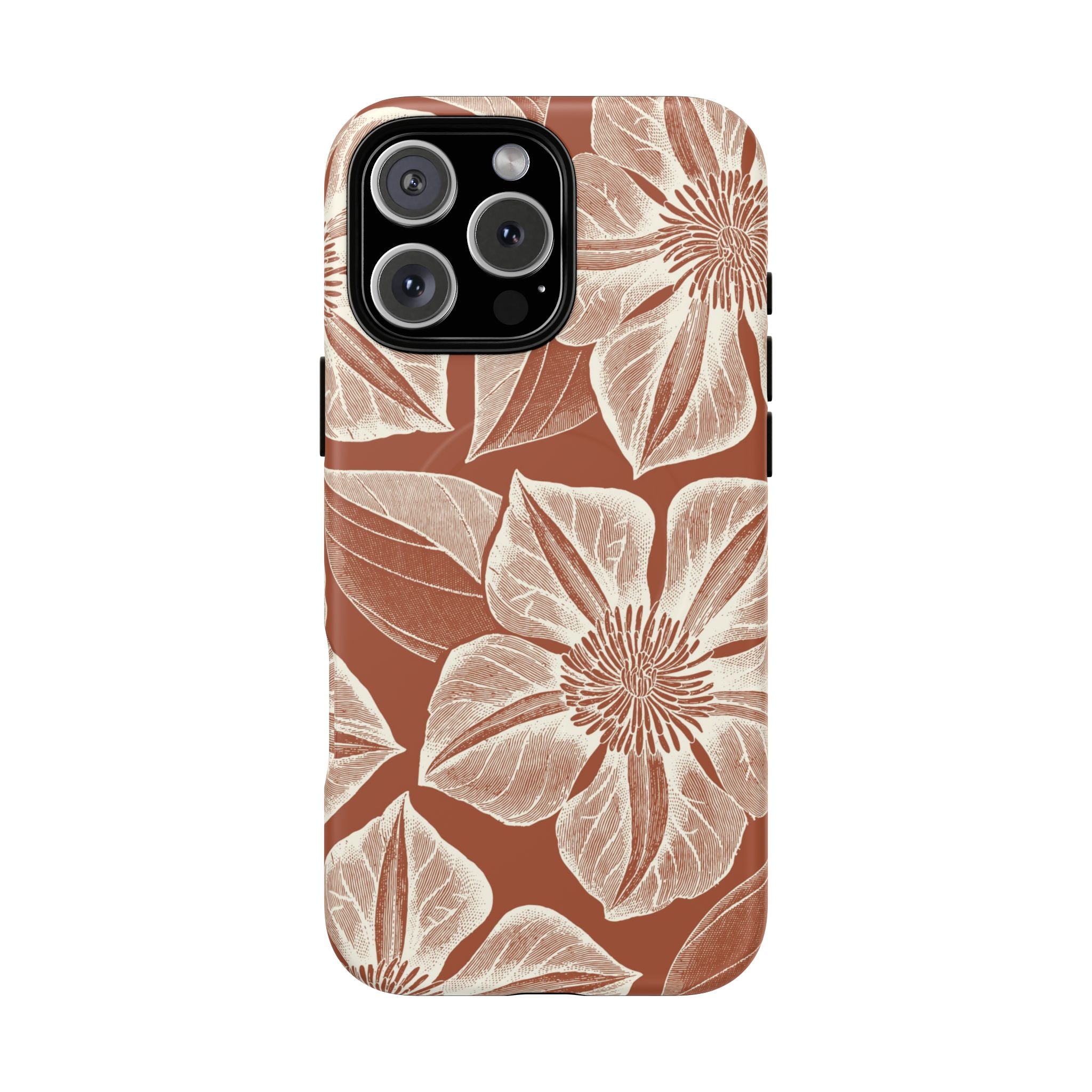 Vintage Bloom Sienna MagSafe iPhone 16 Pro Max – Matte | sienna ground, large-scale cream clematis print, engraved petal detail, dual-layer protection