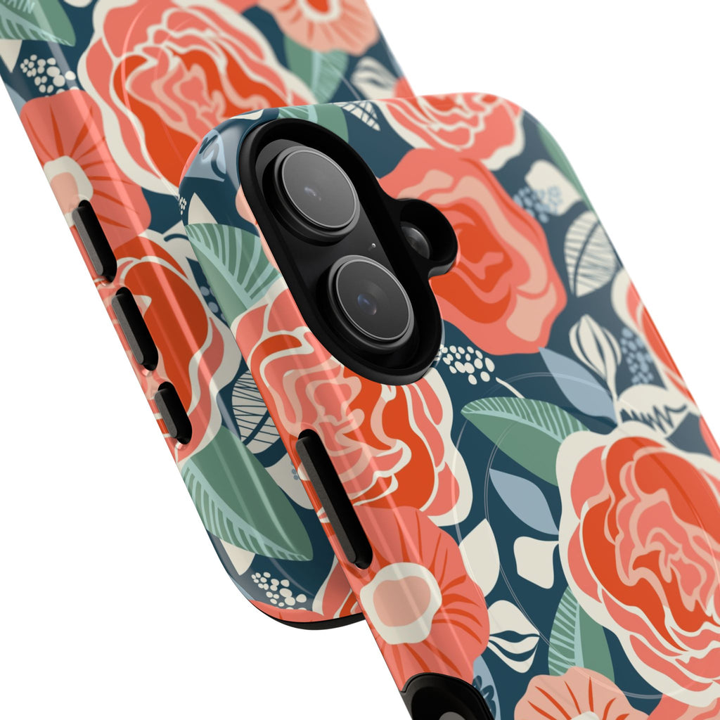 Luxury Tea Rose Navy MagSafe iPhone 17 Case – close-up detail of coral and navy botanical rose floral print
