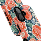 Luxury Tea Rose Navy MagSafe iPhone 17 Case – close-up detail of coral and navy botanical rose floral print