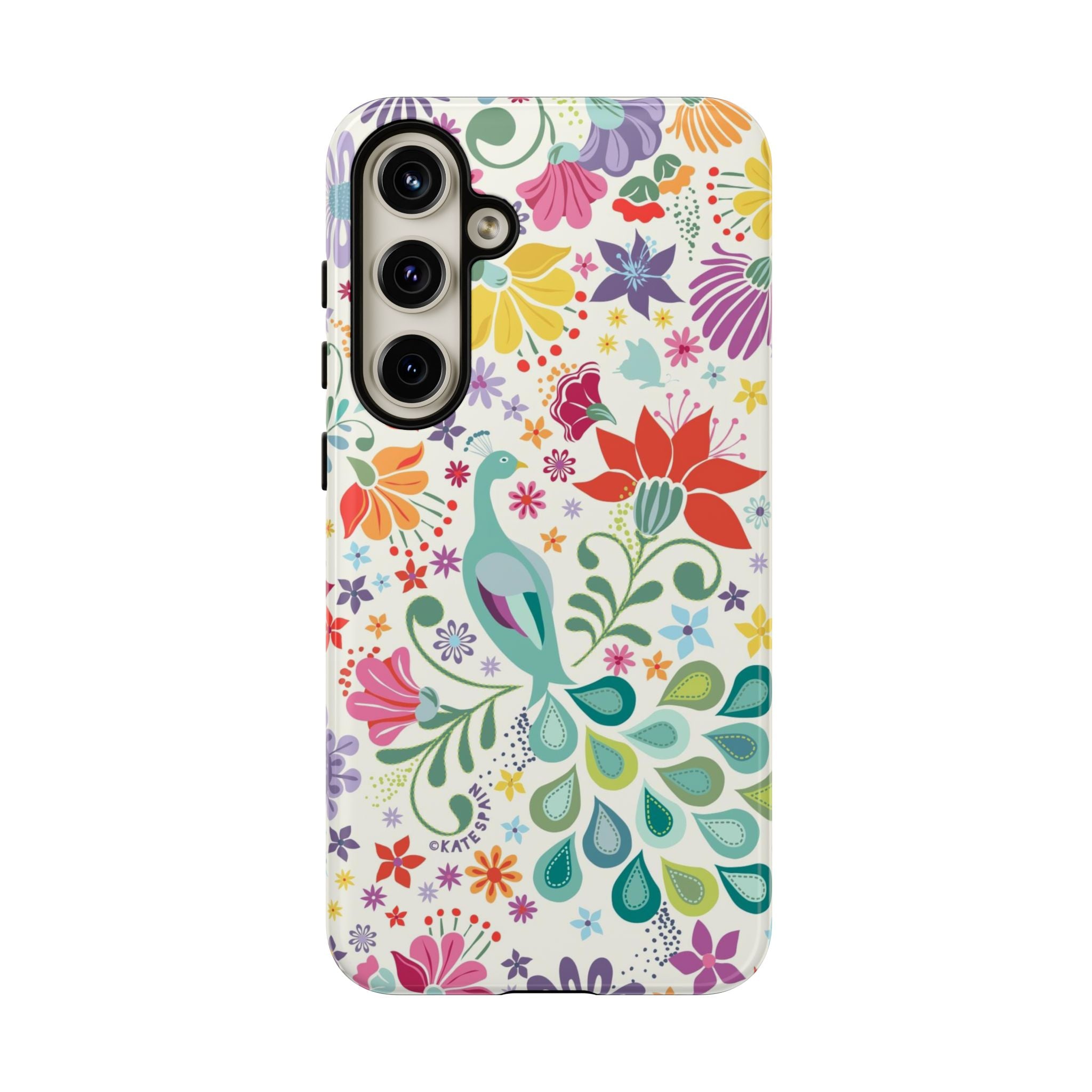 Luxury Peacock Sanctuary Samsung Galaxy S24 Plus Case – Glossy | white, teal, coral multicolor vibrant peacock feather botanical print