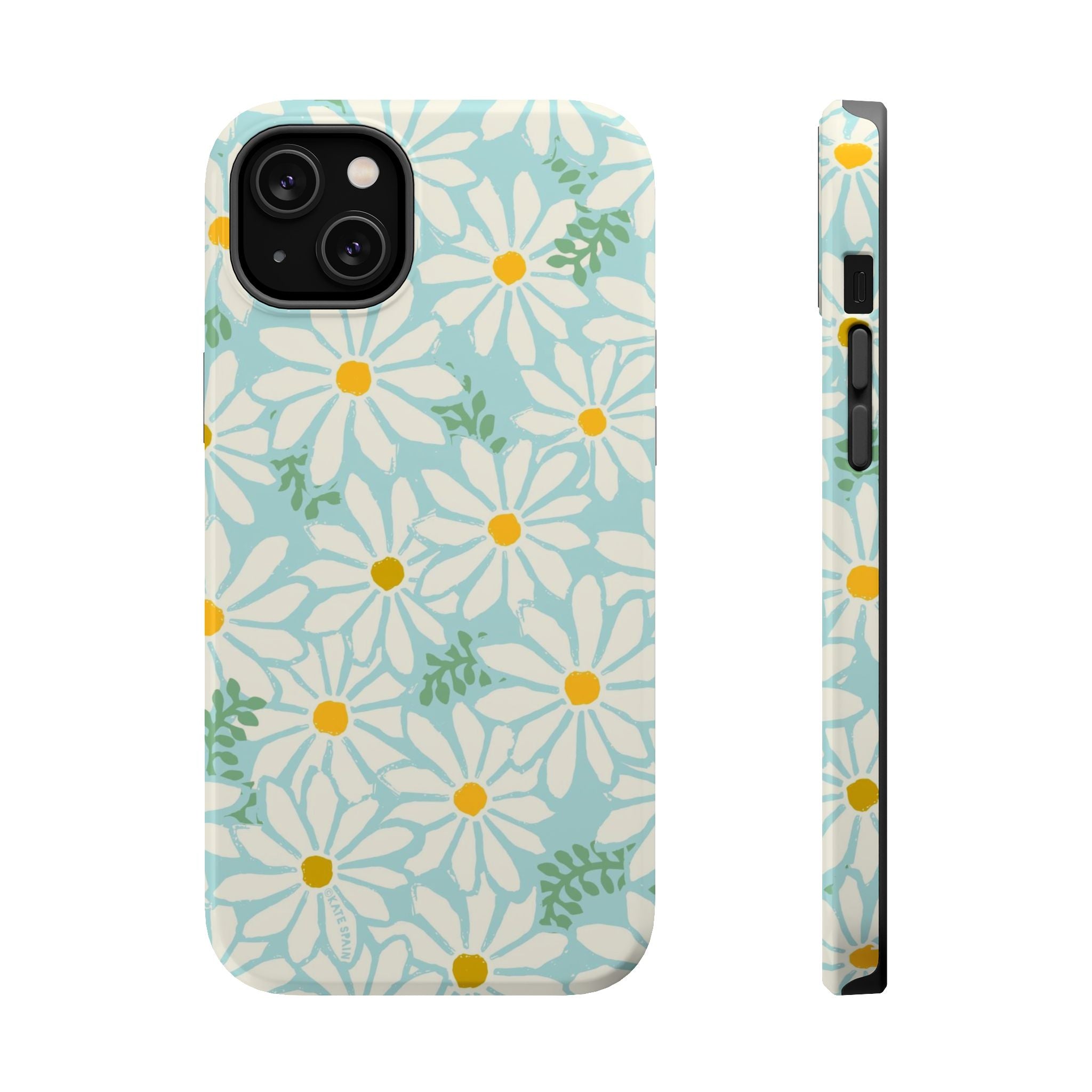 Daisies MagSafe iPhone 14 Plus Case – Glossy | white, yellow, aqua watercolor daisy print
