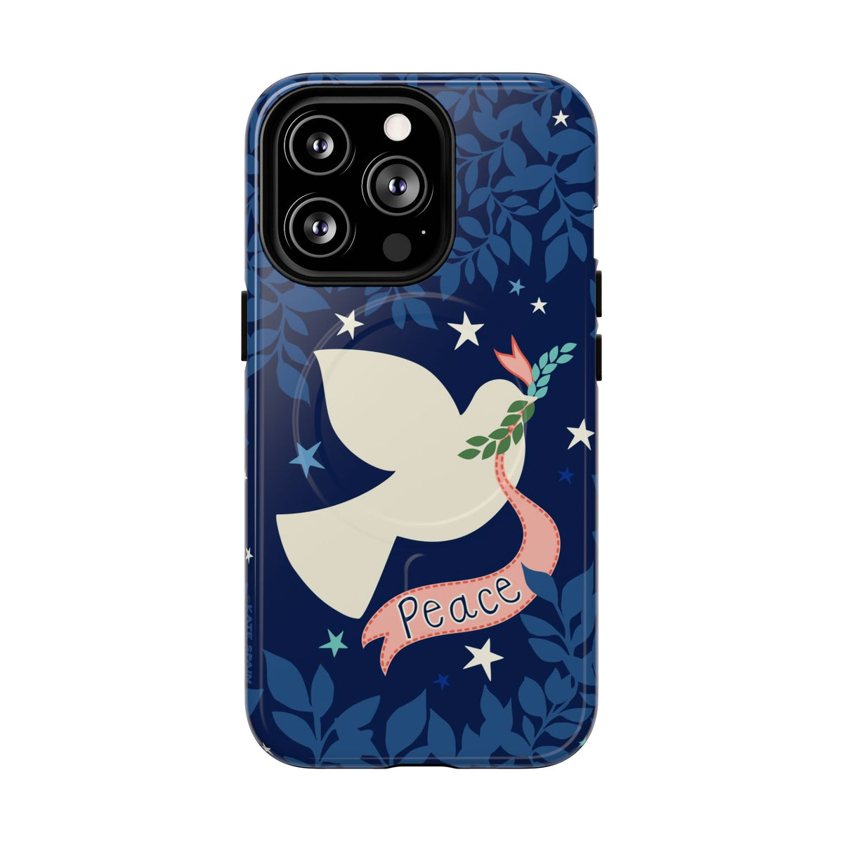 Peace MagSafe iPhone 13 Pro Case – Glossy | navy, cream peace dove, stars, botanical print