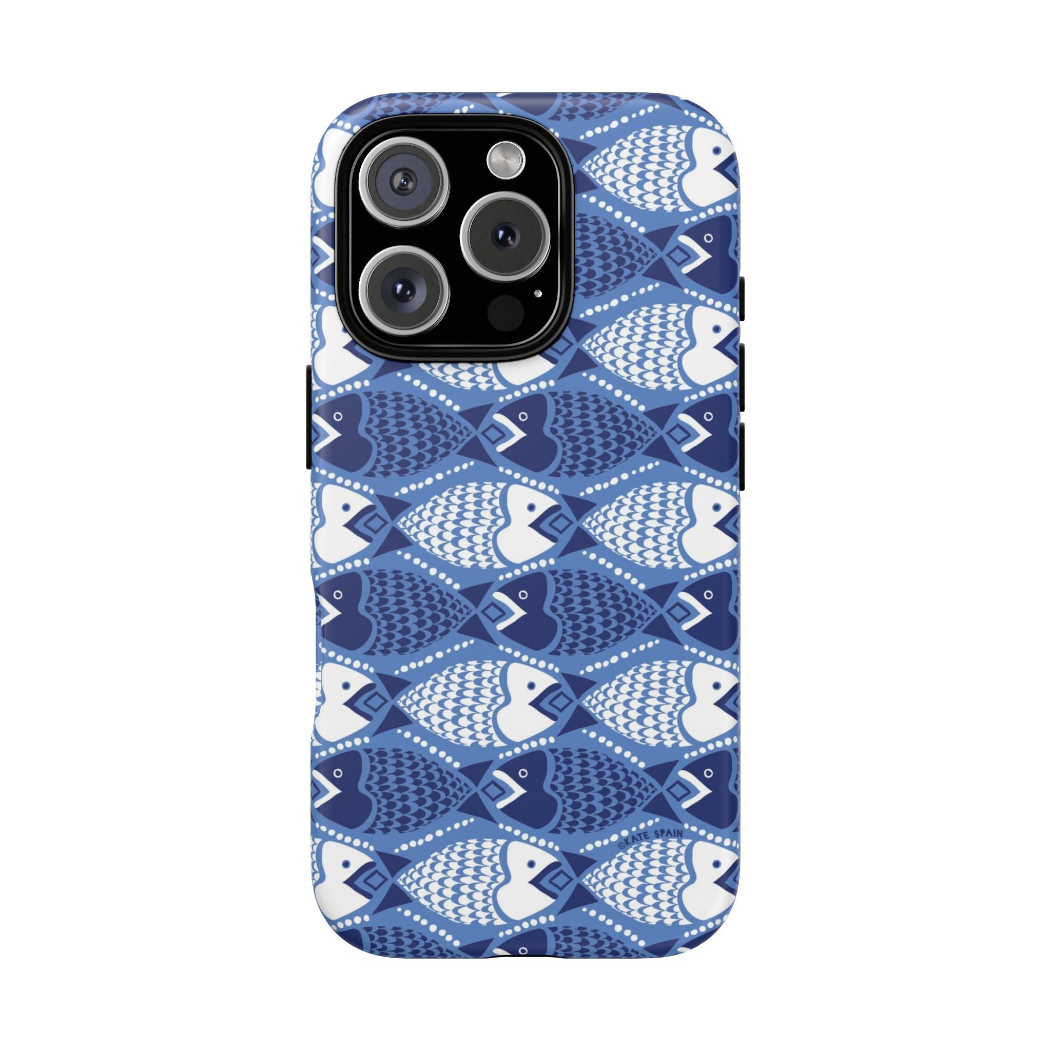 Catch of the Day Tough iPhone 16 Pro Case – Glossy | navy, blue, white geometric fish print