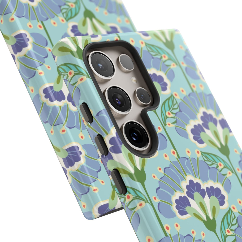 Lantern Flower Samsung Galaxy S24 Ultra Plus Case – Glossy | close-up of 5 camera lenses in case in light blue, lavender, lime green floral print