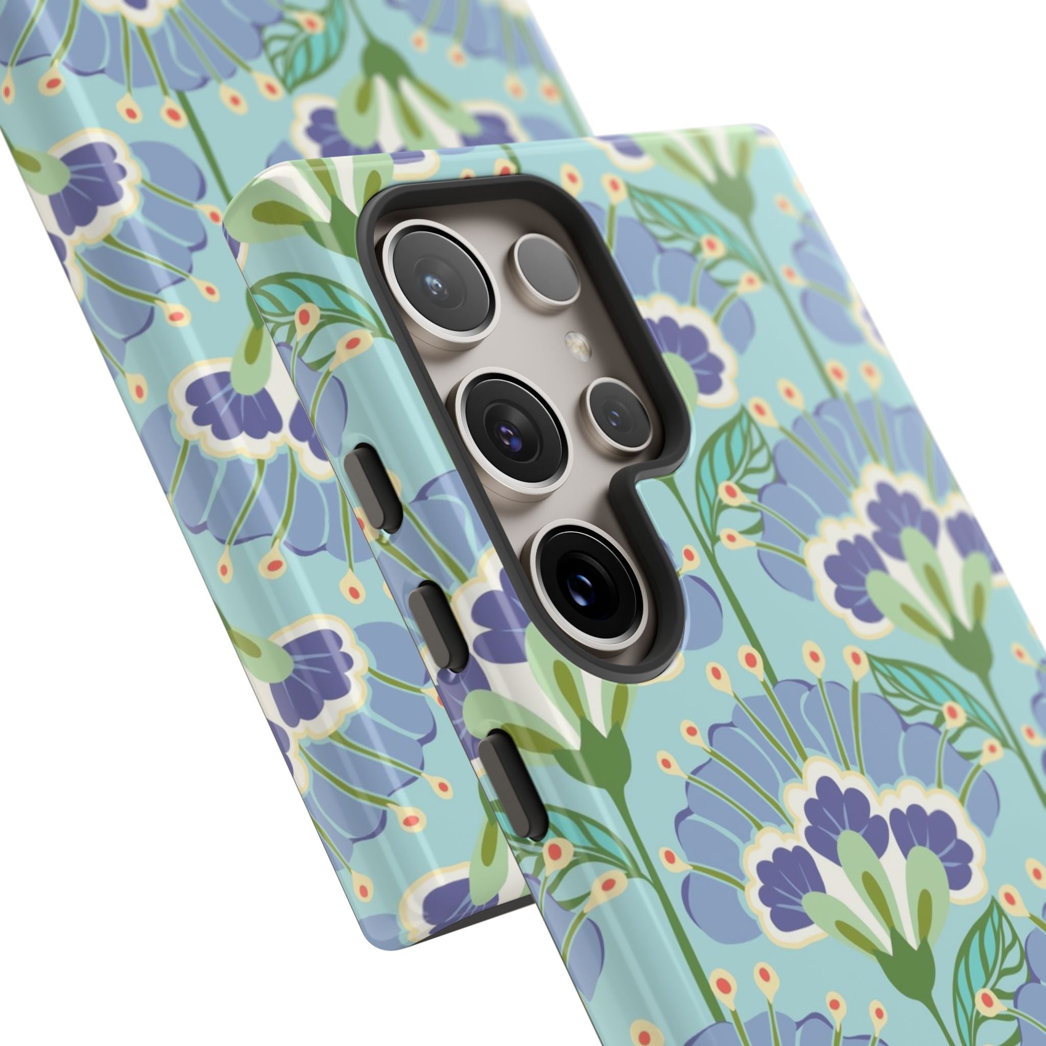 Lantern Flower Samsung Galaxy S24 Ultra Plus Case – Glossy | close-up of 5 camera lenses in case in light blue, lavender, lime green floral print