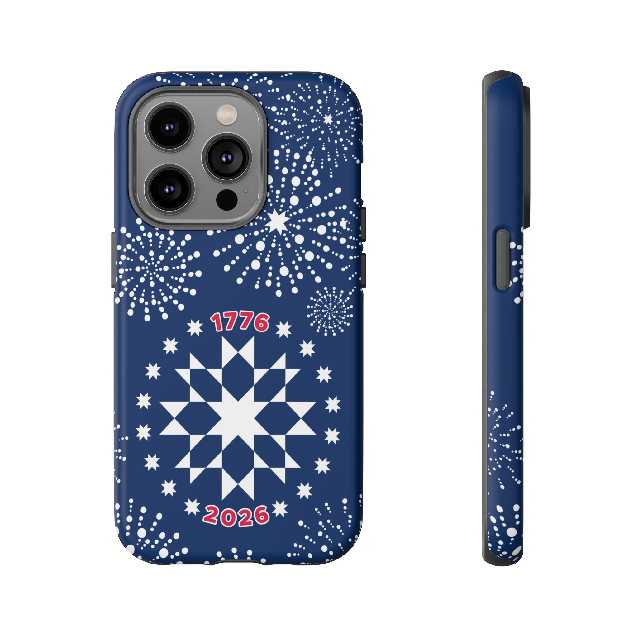 250th Fireworks Tough iPhone 14 Pro Case – Matte | navy, white patriotic star quilt fireworks print