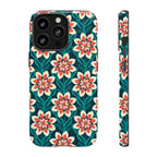 Modern Dahlia Tough iPhone 13 Pro Case – Glossy | teal, coral, cream geometric dahlia floral print