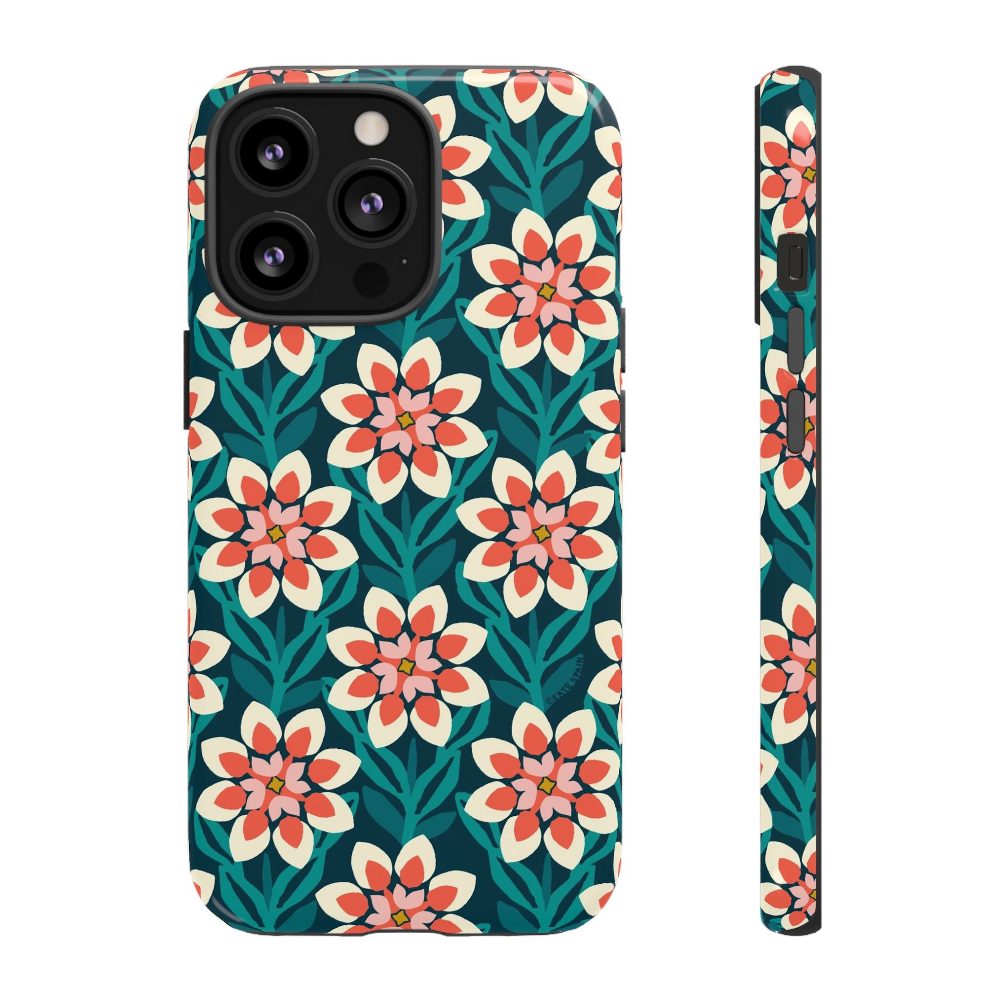 Modern Dahlia Tough iPhone 13 Pro Case – Glossy | teal, coral, cream geometric dahlia floral print