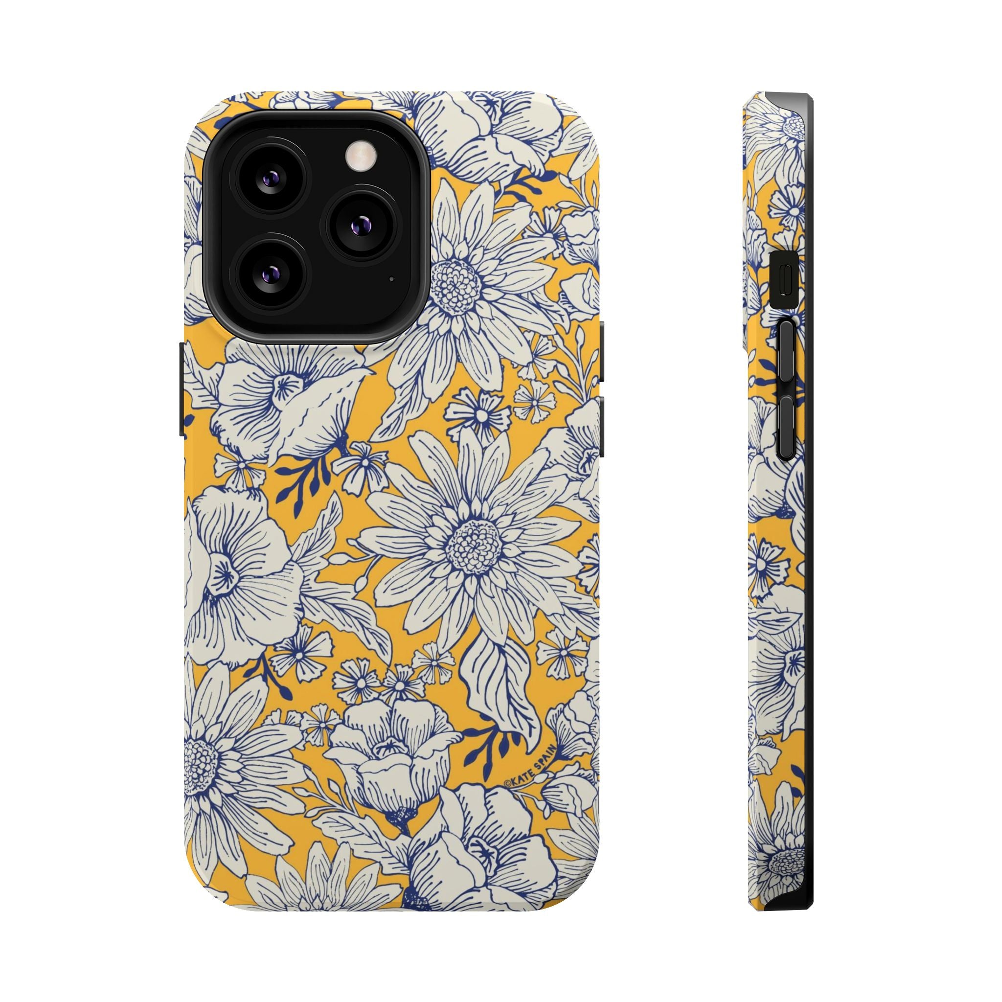 Jardin Luxury MagSafe iPhone 13 Pro Case – Glossy | yellow, cream, blue botanical floral print