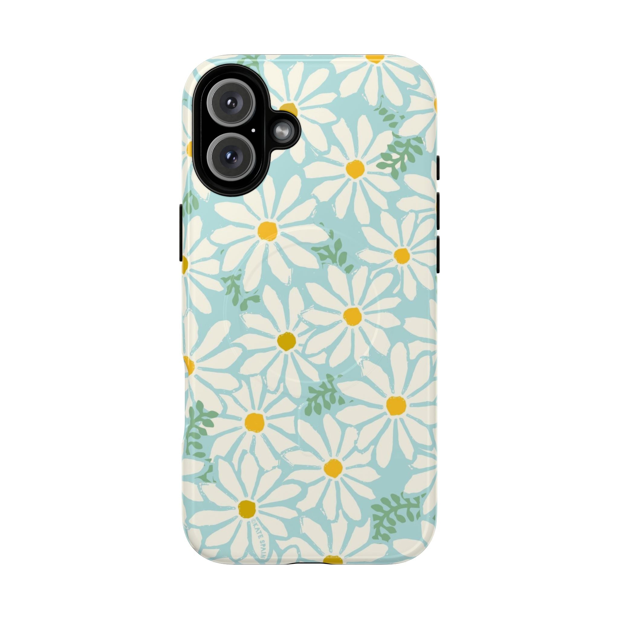 Daisies MagSafe iPhone 16 Plus Case – Glossy | mint, white, yellow botanical daisy floral print