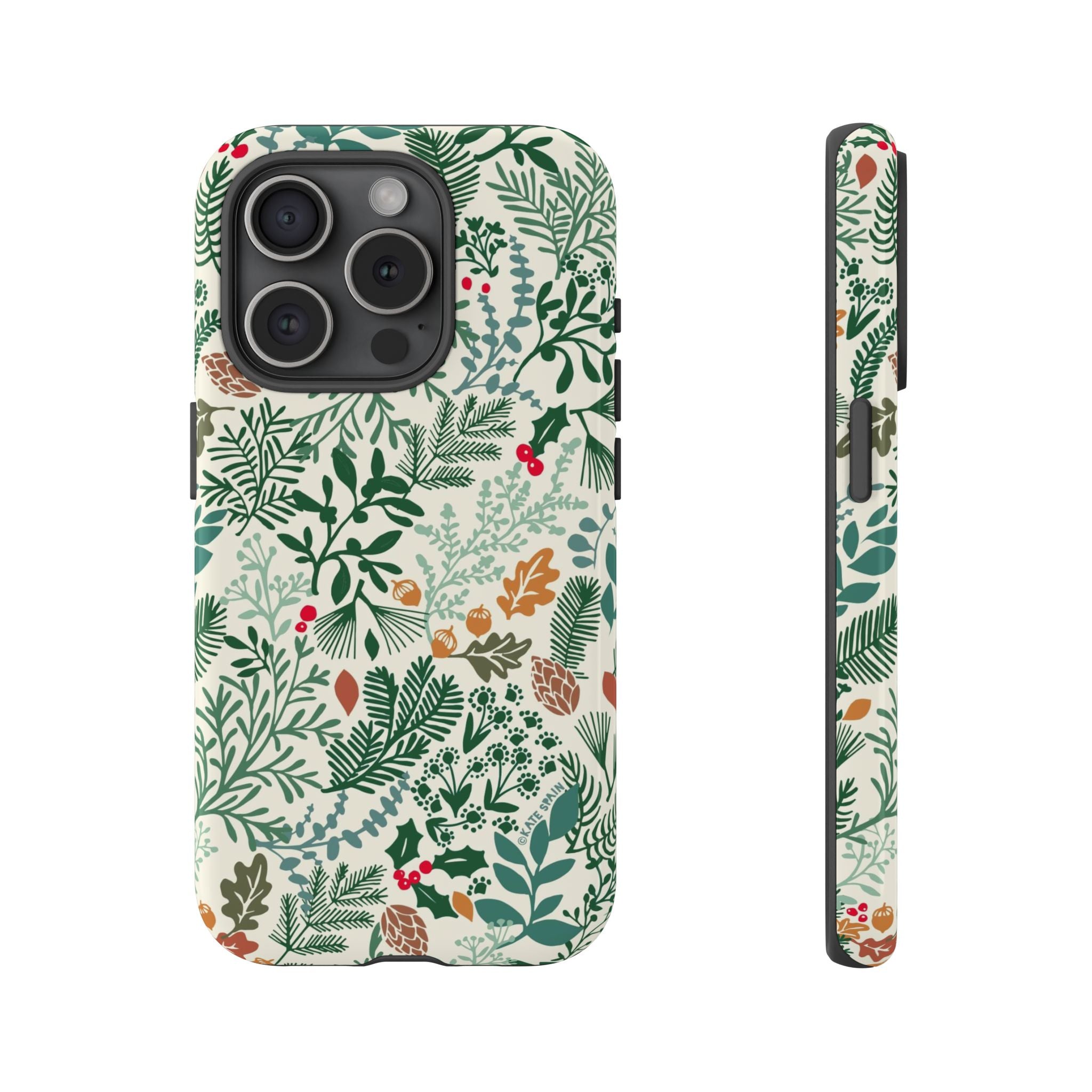 Juniper Tough iPhone 15 Pro Case – Glossy | cream, green, red botanical woodland print