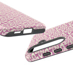 Lily Rose Samsung Galaxy S25 Glossy case — dual view showing ports, camera cutout, and buttons — graphic white lily on soft rose by Kate Spain