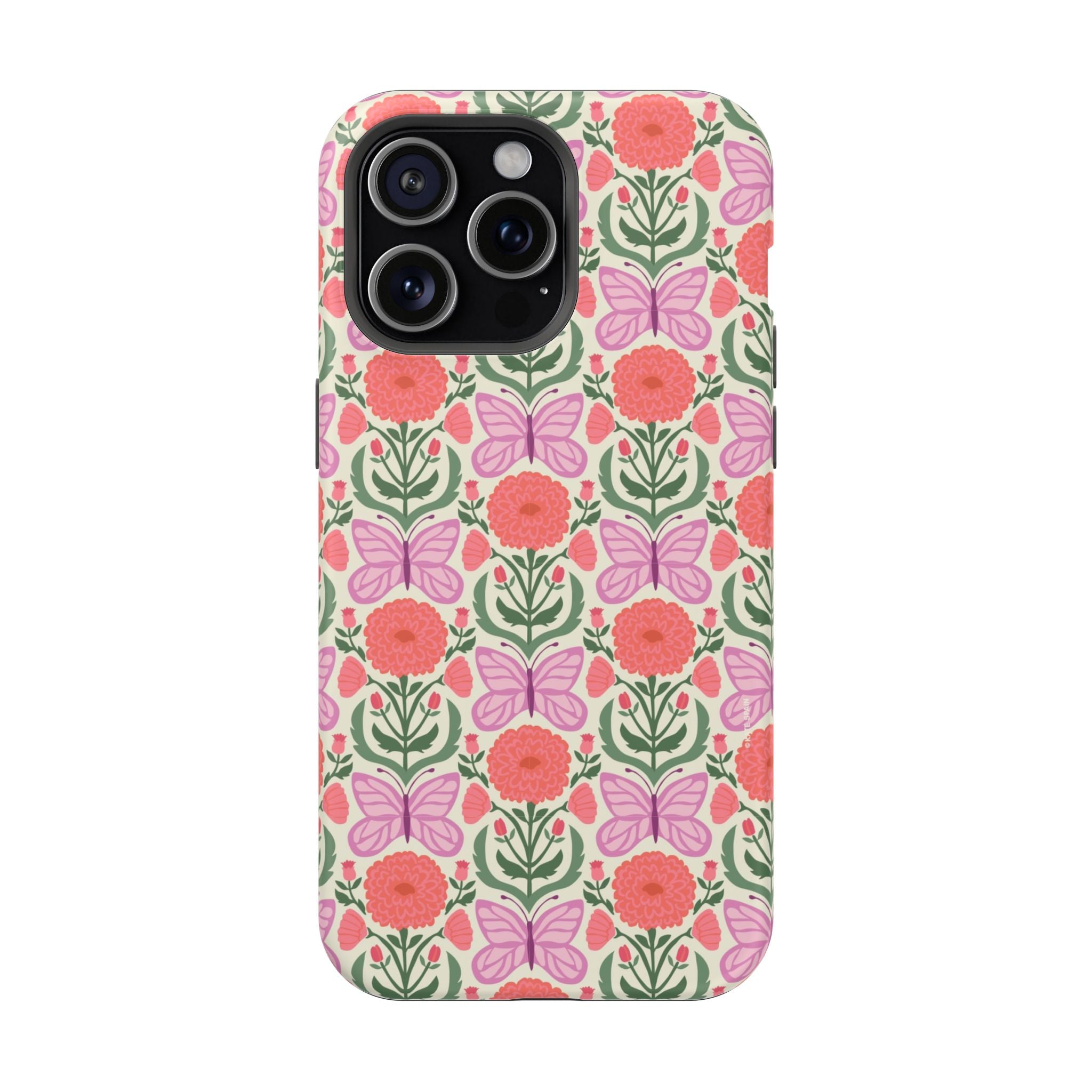 Pink Butterfly MagSafe iPhone 15 Pro Max Case – Matte | cream, coral, lavender, green butterfly floral print