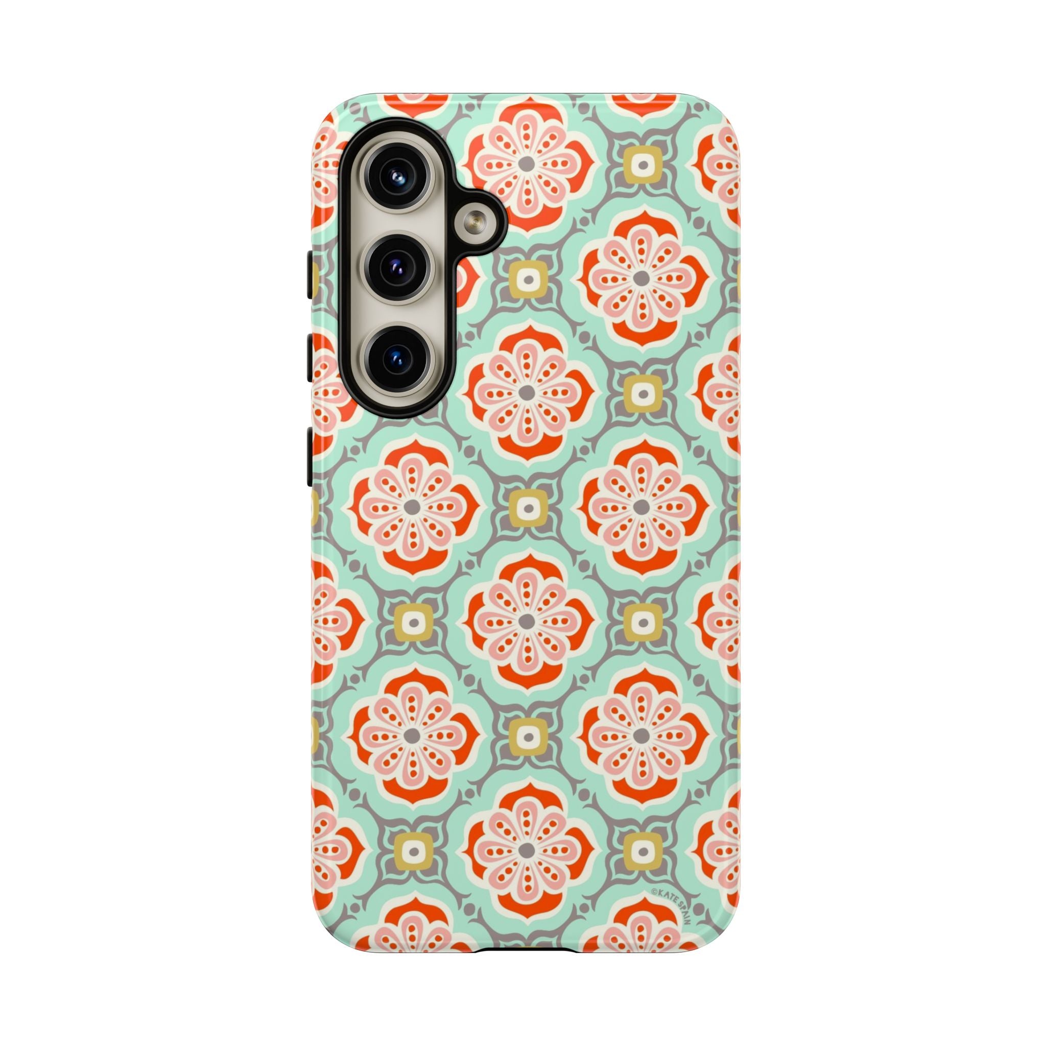 Luxury Alhambra Samsung Galaxy S24 Case – Glossy | light turquoise, coral, cream geometric medallion tile print