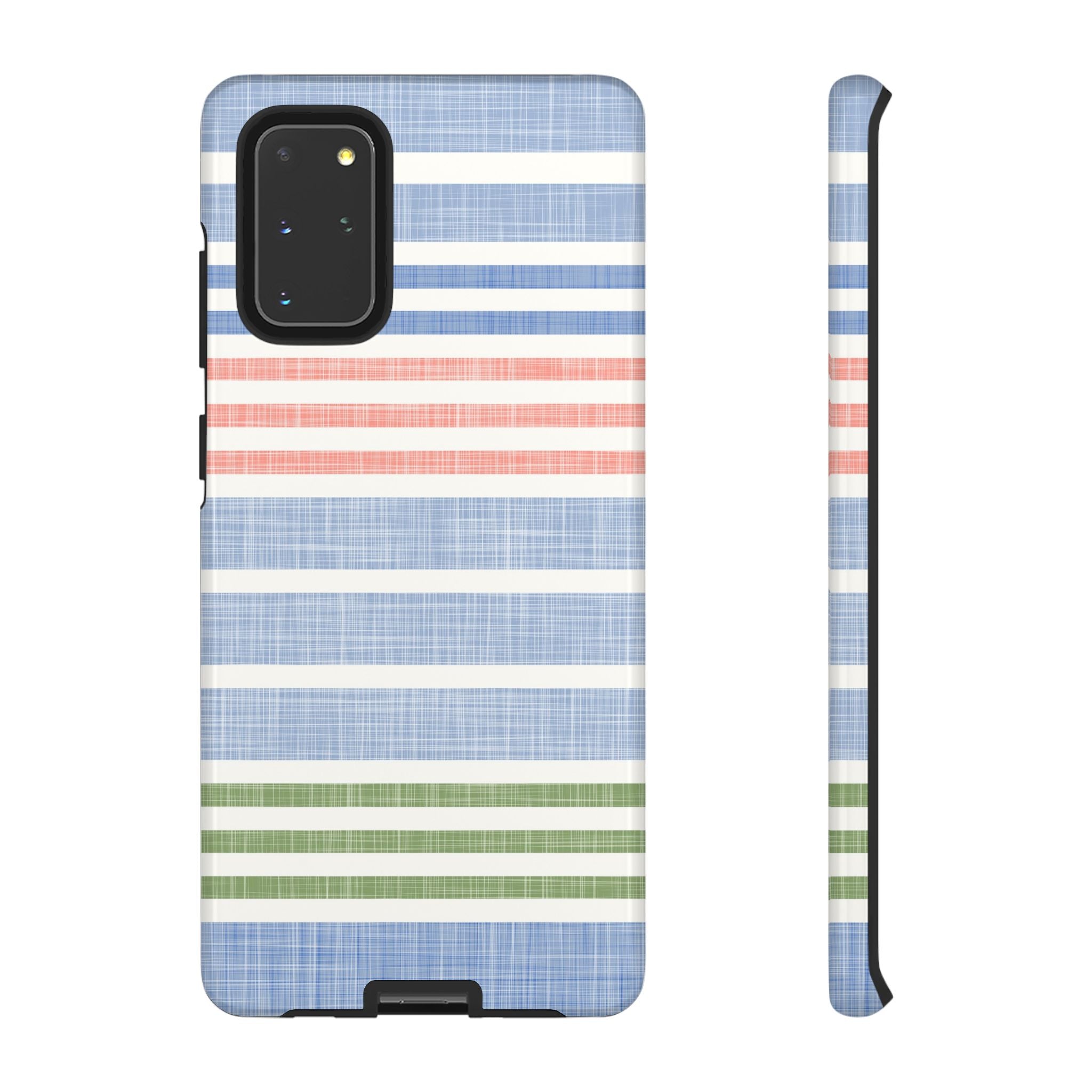 Cabana Stripe Pastel Samsung Galaxy S20+ Case – Glossy | soft blue, coral, sage green chambray-textured stripe print dual-layer protection