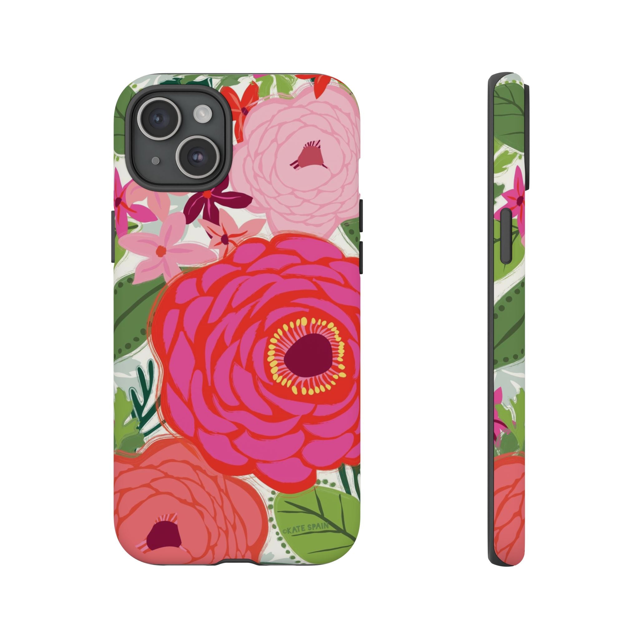 Bloomerie Tough iPhone 15 Plus Case – Matte | cream, magenta, coral botanical peony floral print