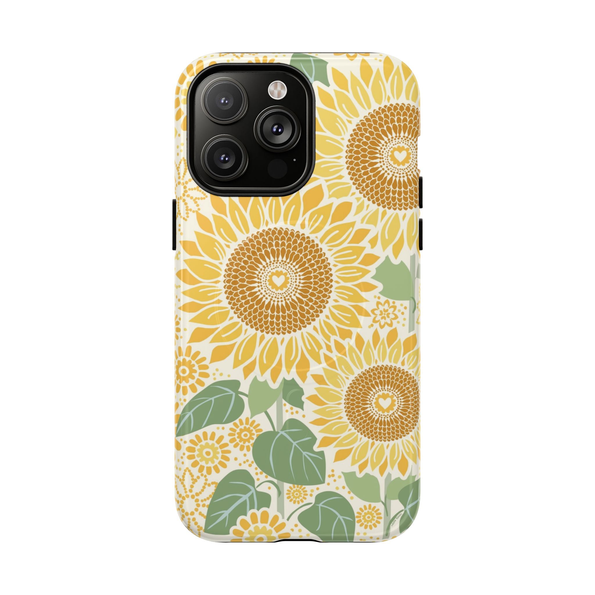 Sunny Sunflower MagSafe iPhone 14 Pro Max – Glossy | cream ground, large-scale yellow sunflower print, golden seed detail with heart centers, dual-layer protection