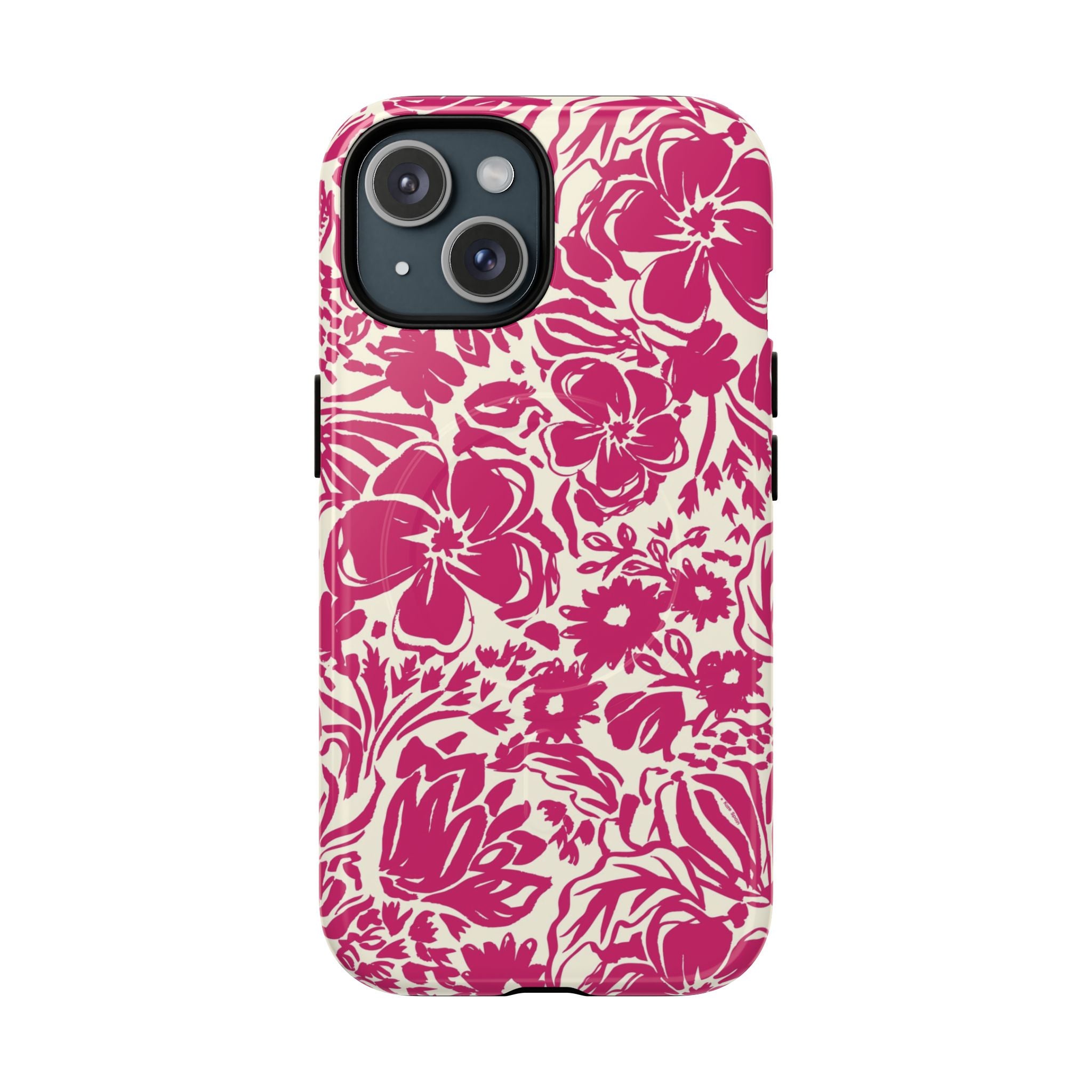 Rhapsody Bright Pink MagSafe iPhone 15 Glossy case — bold magenta floral print on cream by Kate Spain