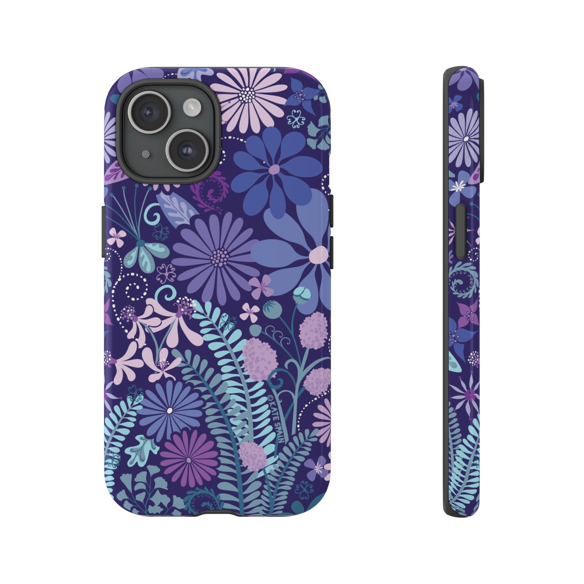 Luxury Terrain Tough iPhone 15 Case – Glossy | navy, purple, aqua botanical woodland floral print