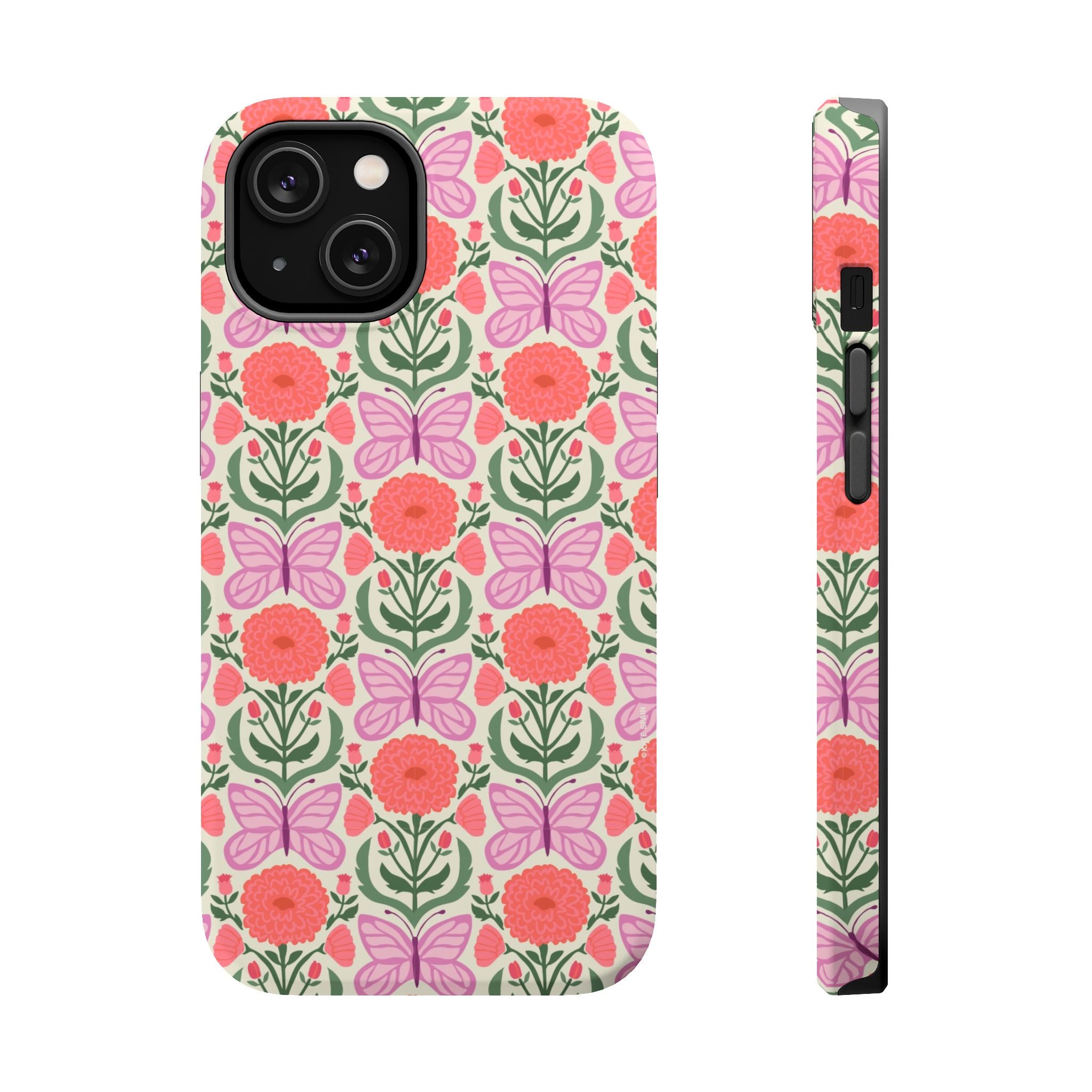 Pink Butterfly MagSafe iPhone 14 Case – Matte | cream, coral, lavender, green butterfly floral print