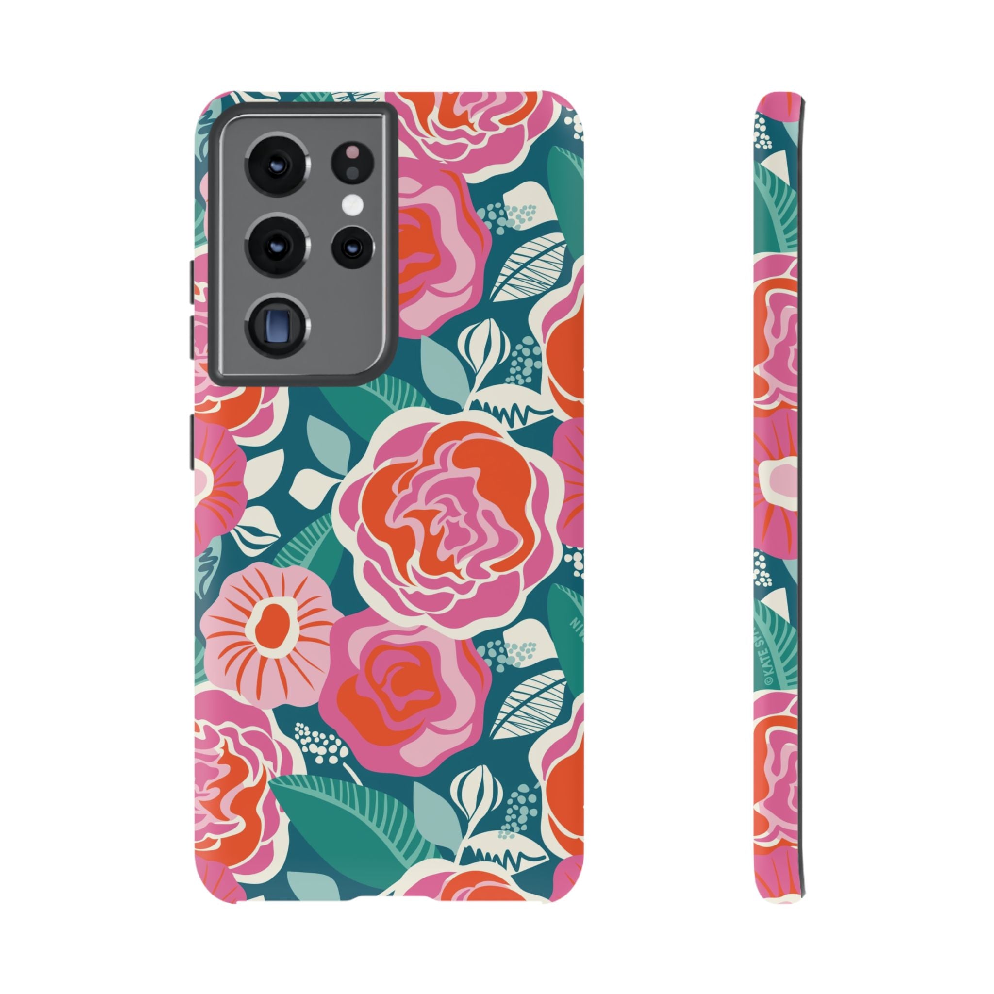 Luxury Tea Rose Teal Samsung Galaxy S21 Ultra Case – Matte | teal, coral, pink botanical rose floral prints