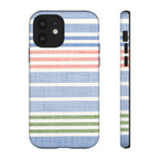 Cabana Stripe Pastel Tough iPhone 12 Case – Glossy | soft blue, coral, sage green chambray-textured stripe print dual-layer protection