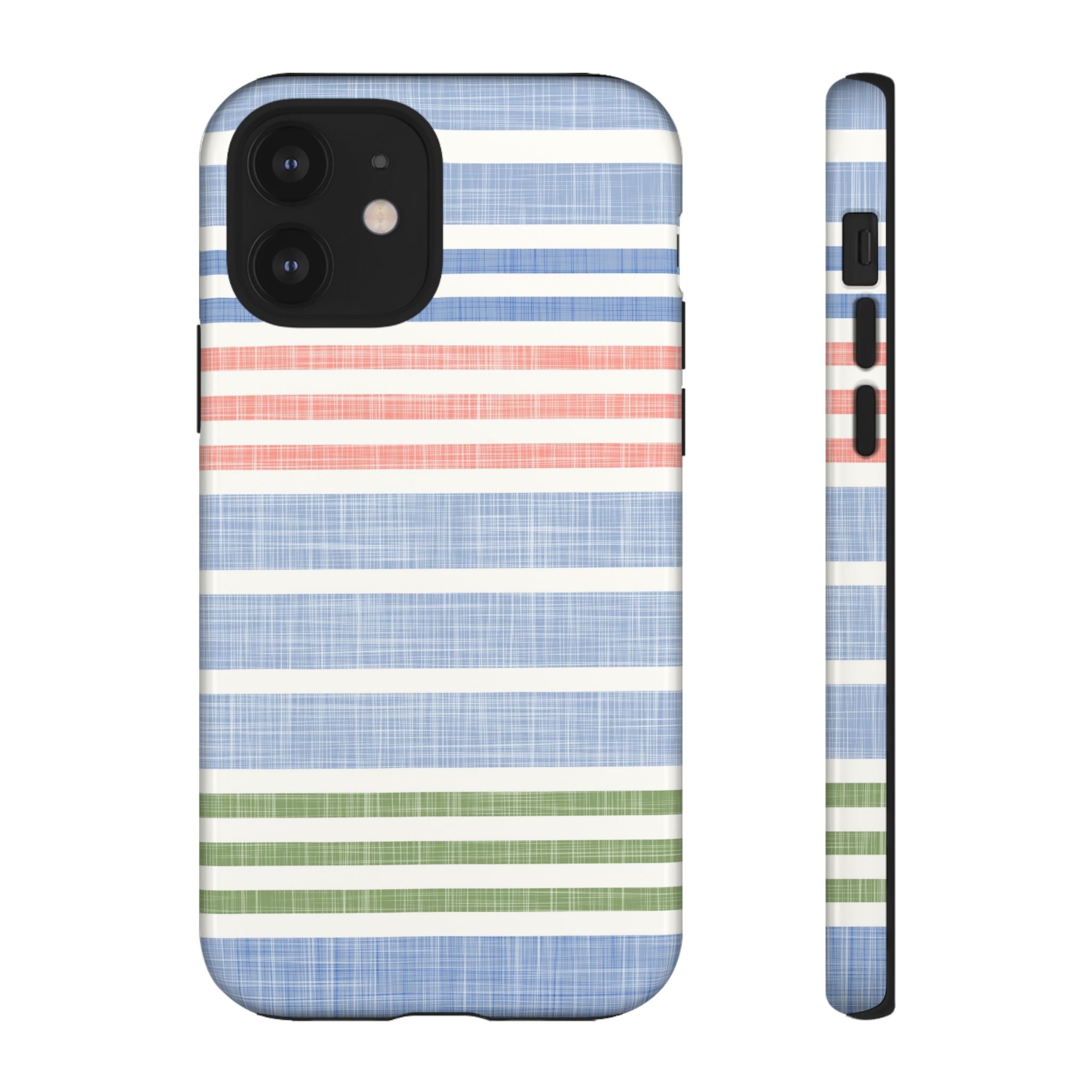Cabana Stripe Pastel Tough iPhone 12 Case – Glossy | soft blue, coral, sage green chambray-textured stripe print dual-layer protection
