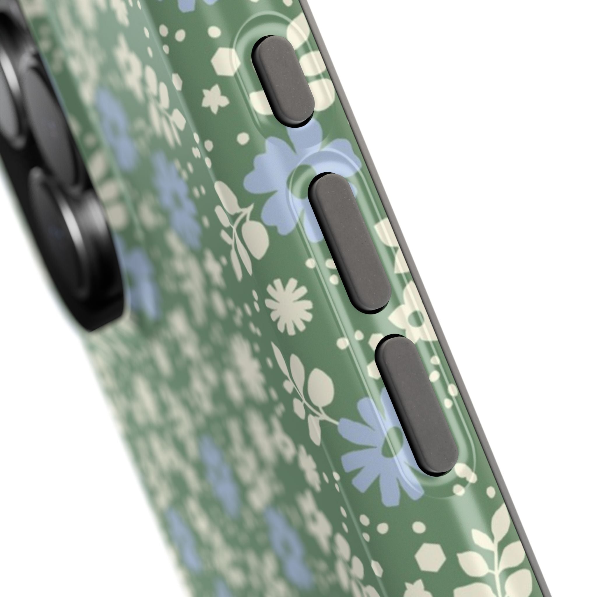 Petaline MagSafe iPhone 16 Pro Max Case – Glossy | side angle with close-up of buttons and camera, sage green, white, blue dainty ditsy daisy floral print