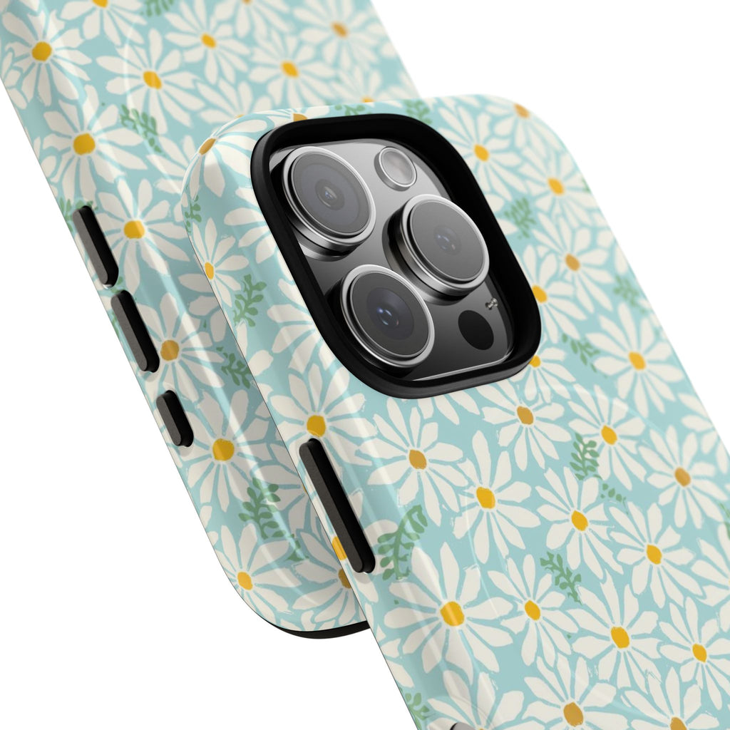 Daisies MagSafe iPhone 16 Pro Max Case – Glossy | sky blue, white daisy print, golden yellow centers, mint green leaves | angled view closeup of camera cutout and buttons