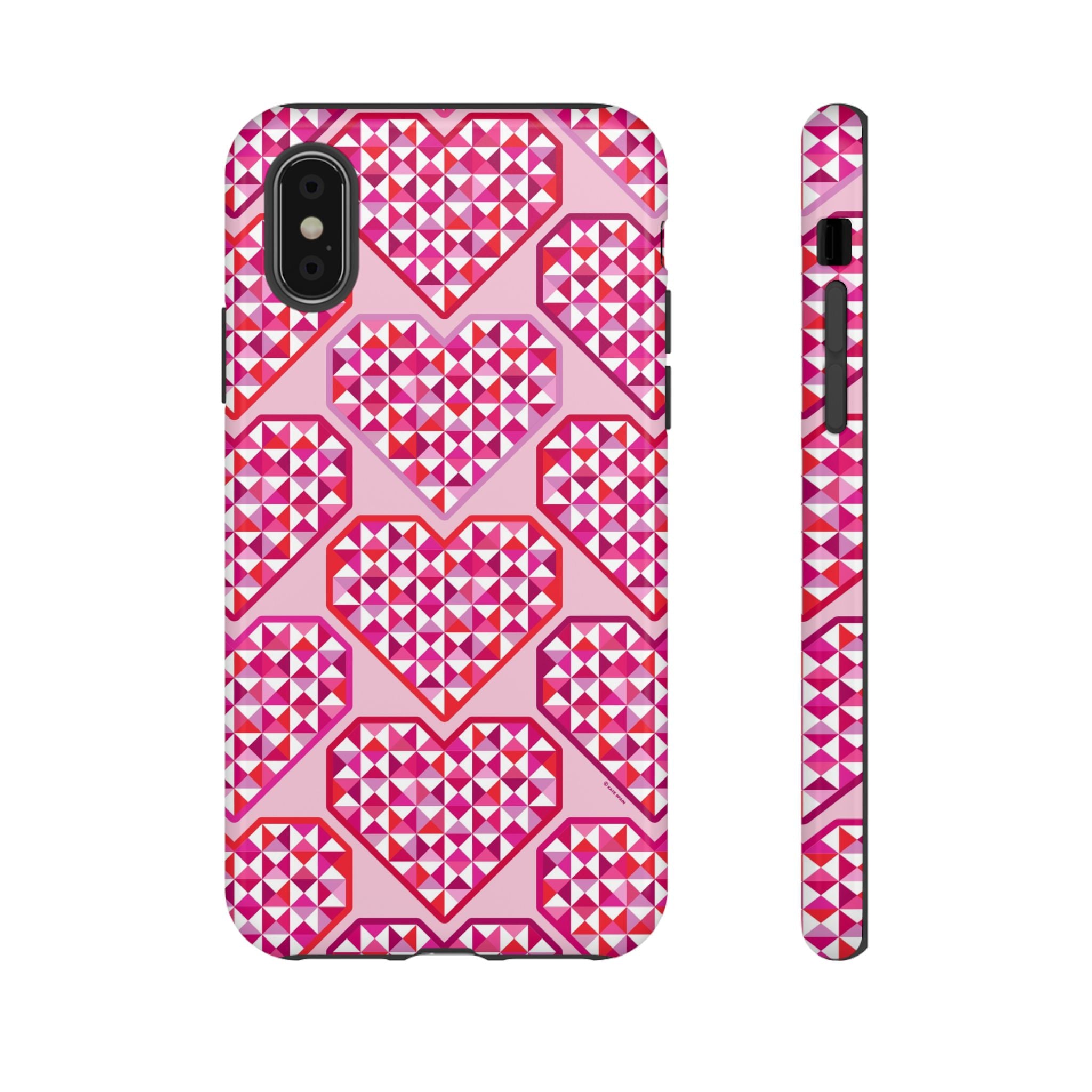 Pink Pyramid Heart Tough iPhone XS Case – Glossy | blush, pink, magenta, red geometric pyramid heart print