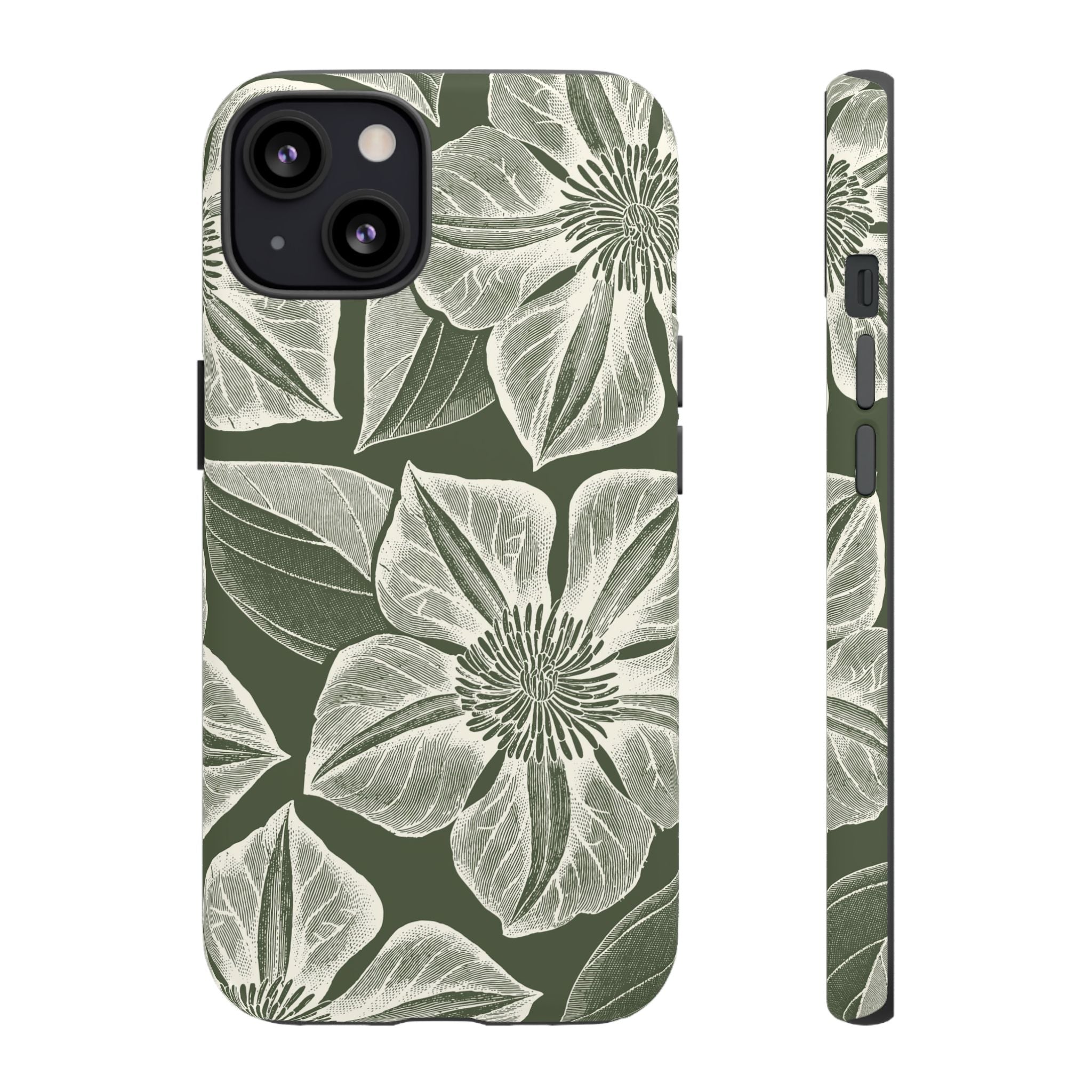 Vintage Bloom Cypress iPhone 13 case – Matte | cypress green ground, large-scale white clematis print, engraved petal detail, dual-layer protection