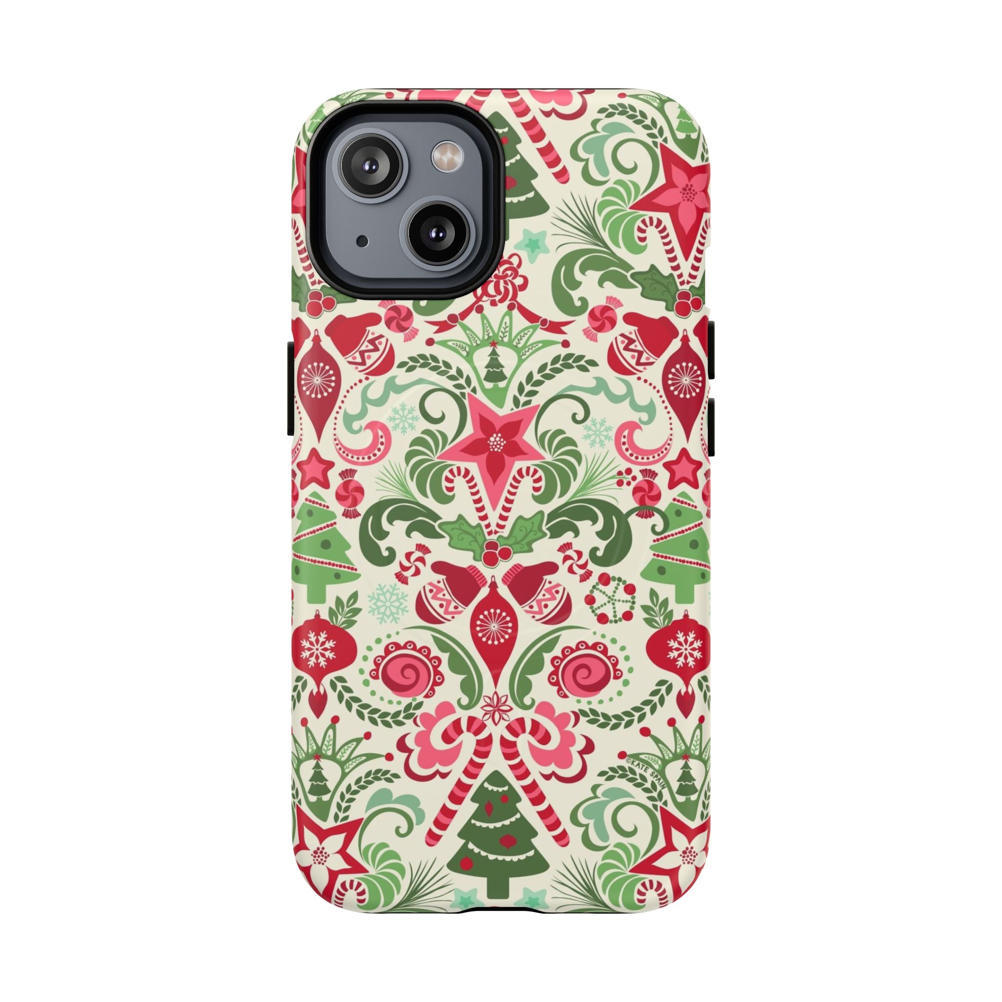 Wonderland MagSafe iPhone 14 Case – Matte | cream, red, and green Christmas holiday medallion print with ornaments, candy canes, trees, and stars
