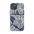 Vintage Bloom Navy MagSafe iPhone 15 Plus Case – Matte | navy ground, large-scale white clematis print, engraved petal detail, dual-layer protection