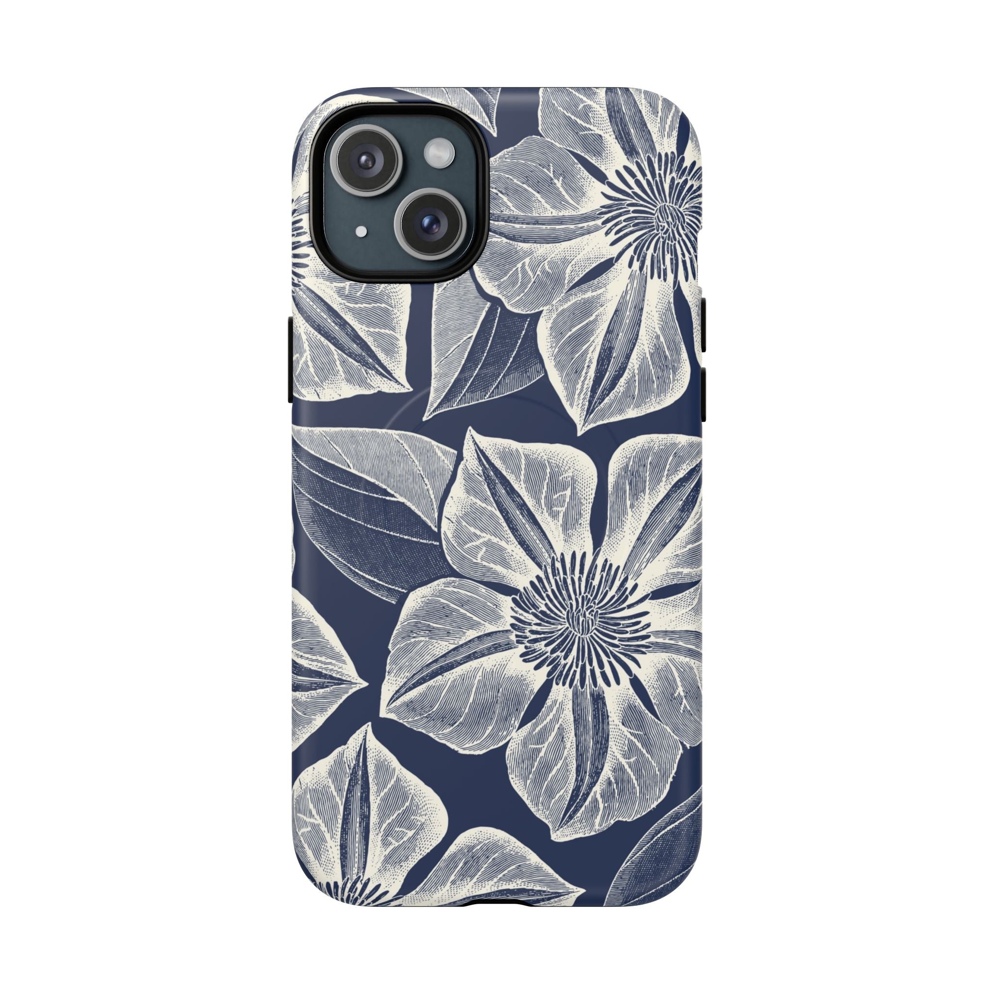 Vintage Bloom Navy MagSafe iPhone 15 Plus Case – Matte | navy ground, large-scale white clematis print, engraved petal detail, dual-layer protection