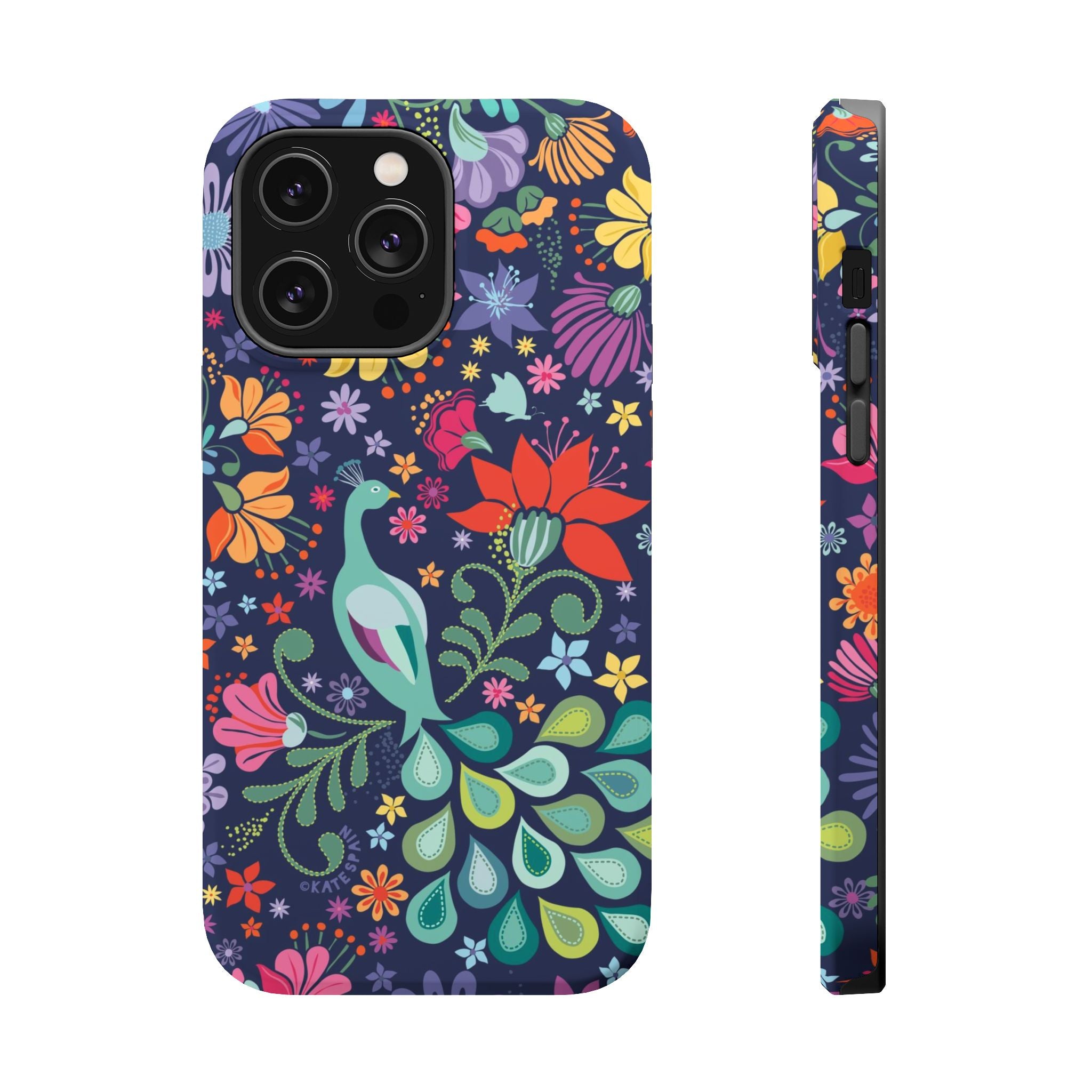 Peacock Sanctuary MagSafe iPhone 14 Pro Max Case – Matte | navy, teal, ivory peacock botanical print MagSafe compatible, dual-layer protection