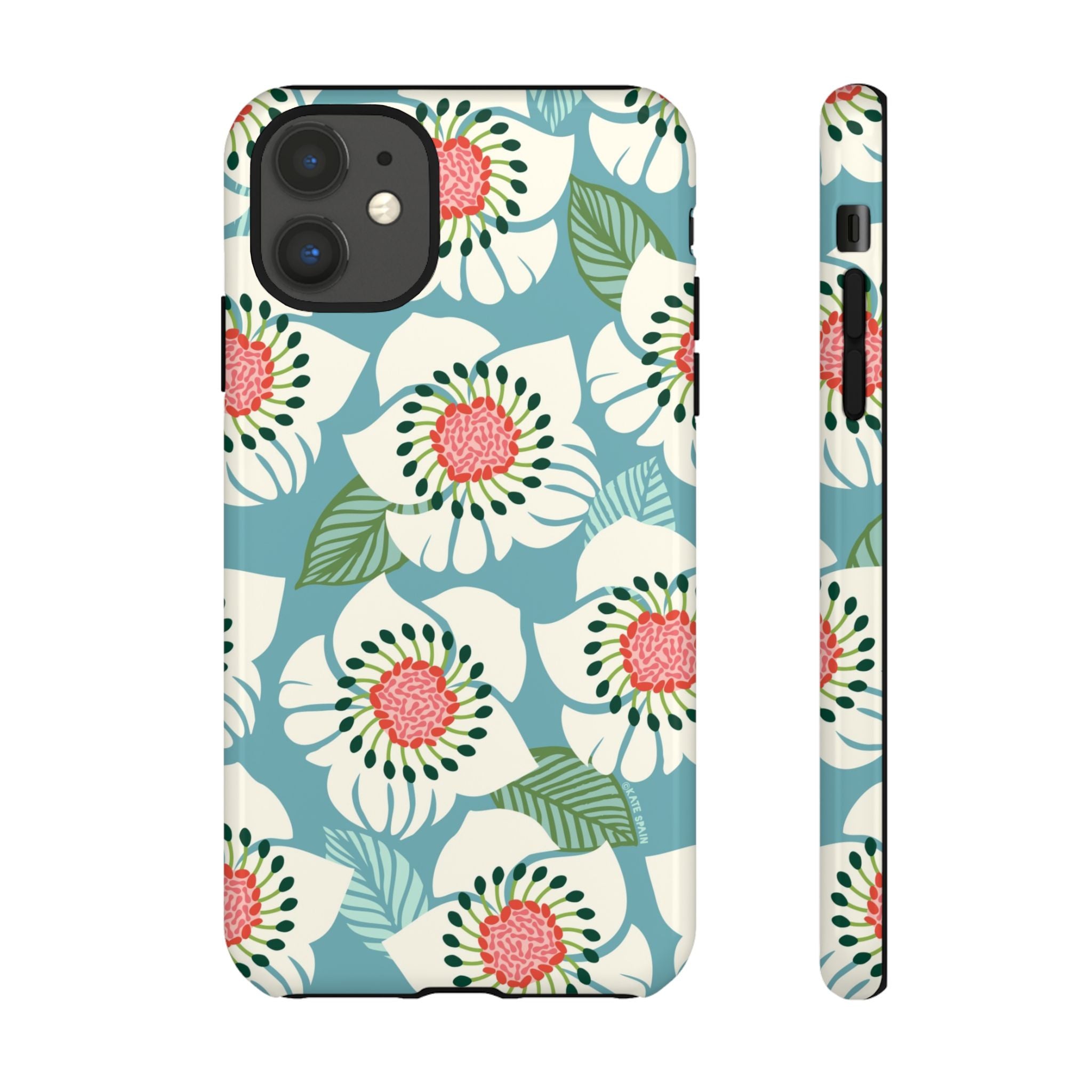Panache Floral Tough iPhone 11 Case – Glossy | sky blue, pale cream, pink anemone floral print