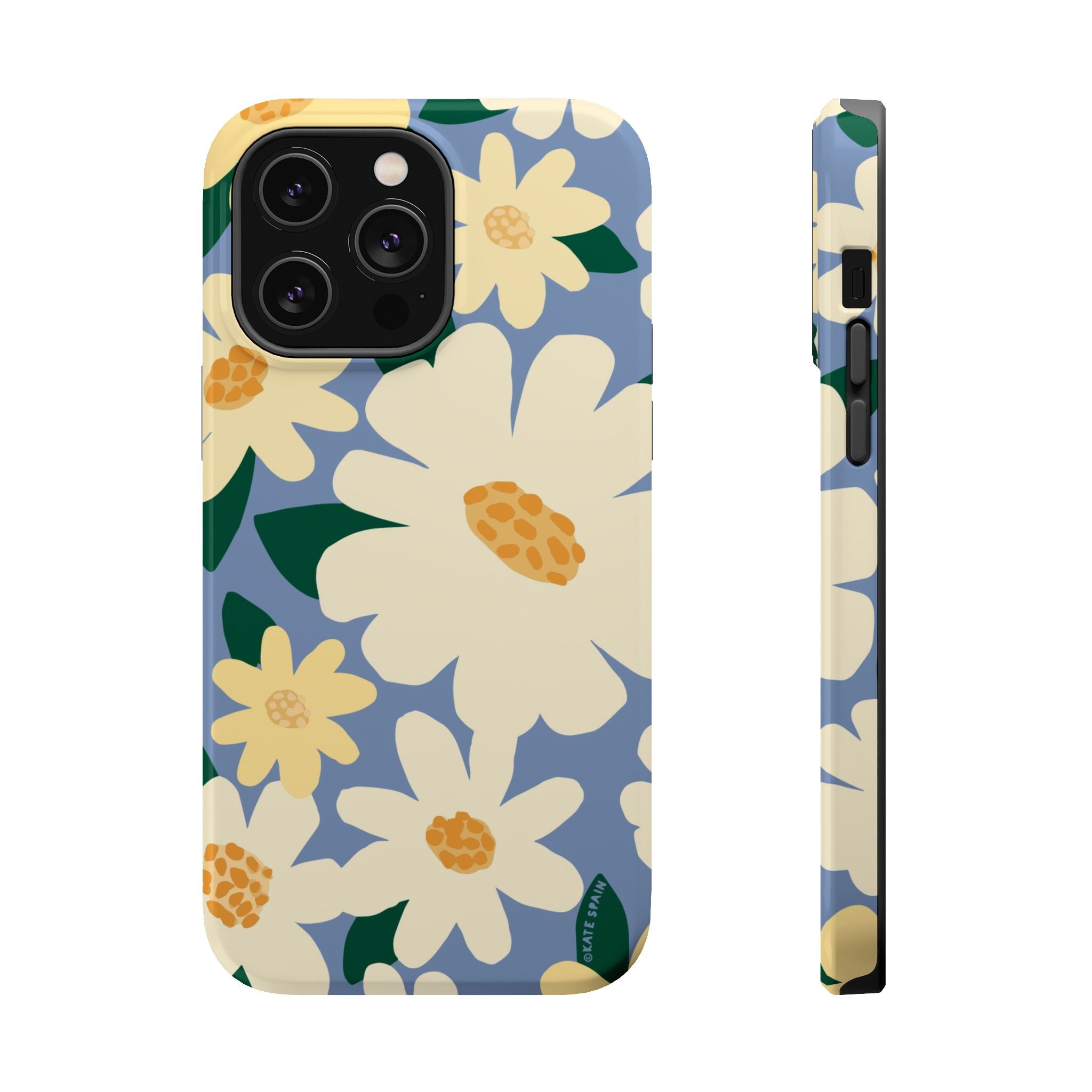 Chamomile MagSafe iPhone 14 Pro Max Case – Glossy | periwinkle, cream, yellow botanical daisy floral print MagSafe compatible, dual-layer protection