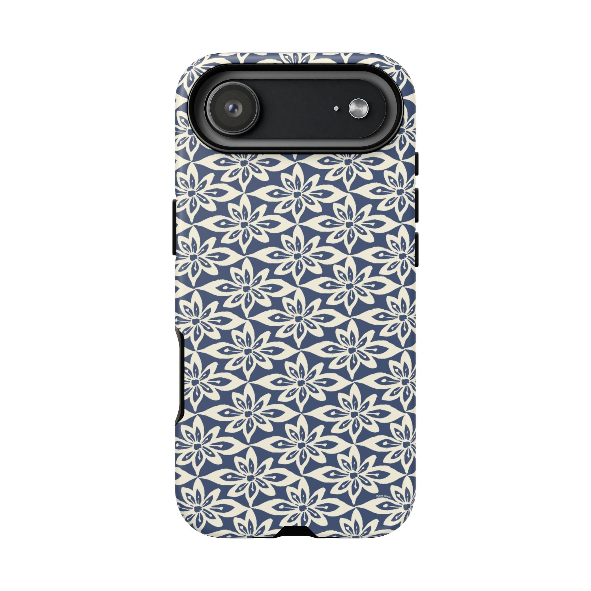 Lily Navy Blue iPhone 17 Pro Max Matte case — geometric cream lily print on navy blue by Kate Spain