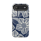 Vintage Bloom Navy iPhone 17 Air case – Glossy | navy ground, large-scale cream clematis print, engraved petal detail, dual-layer protection
