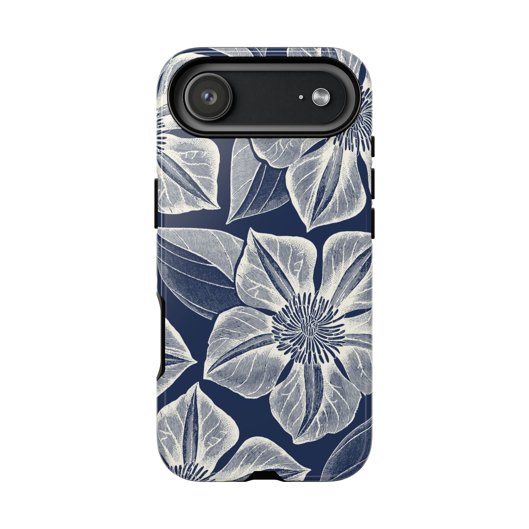 Vintage Bloom Navy iPhone 17 Air case – Glossy | navy ground, large-scale cream clematis print, engraved petal detail, dual-layer protection
