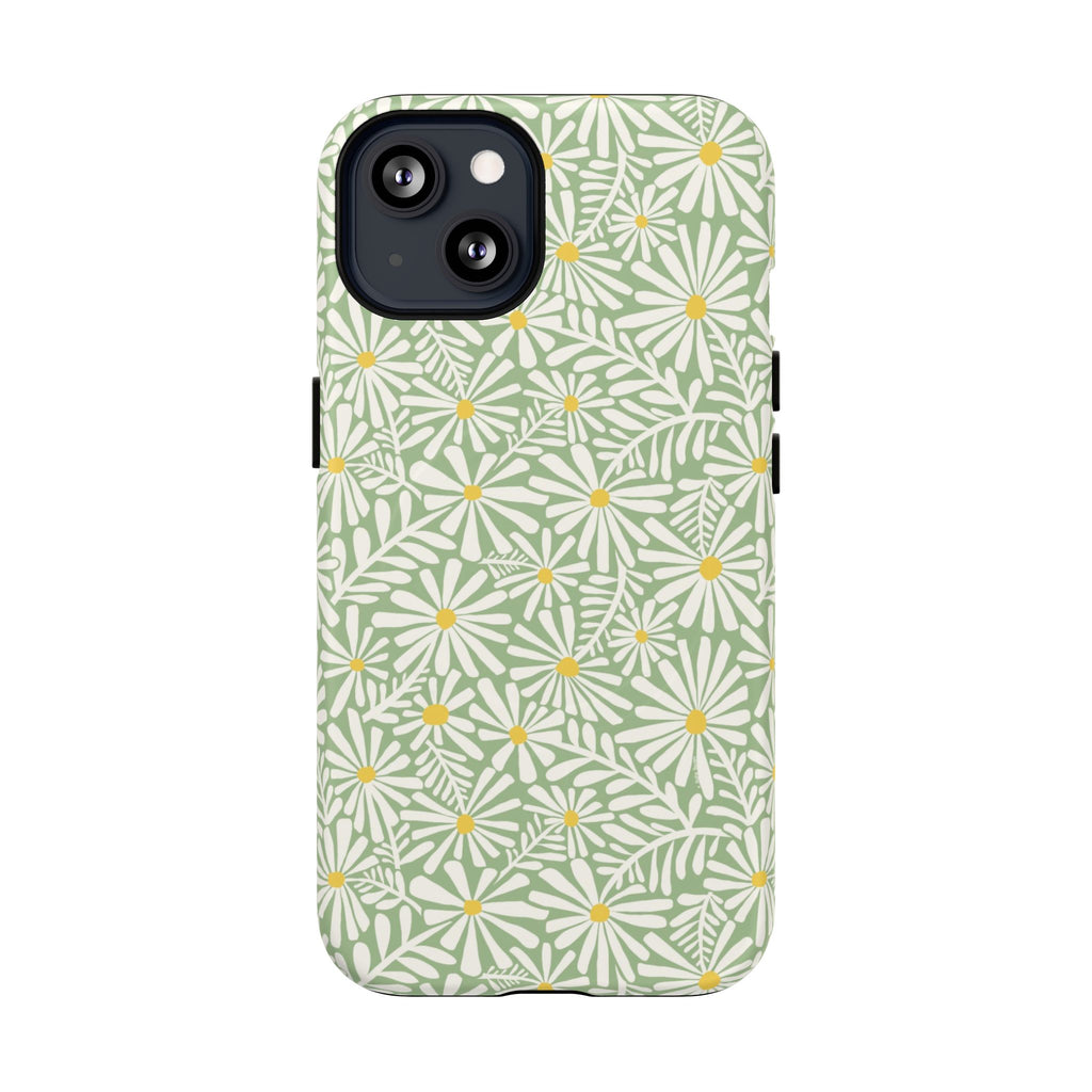Montauk Daisy Meadow Green MagSafe iPhone 13 Case – Matte | sage green, white graphic daisy and fern print, golden yellow centers MagSafe compatible, dual-layer protection