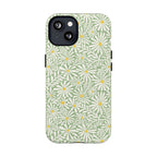 Montauk Daisy Meadow Green MagSafe iPhone 13 Case – Matte | sage green, white graphic daisy and fern print, golden yellow centers MagSafe compatible, dual-layer protection