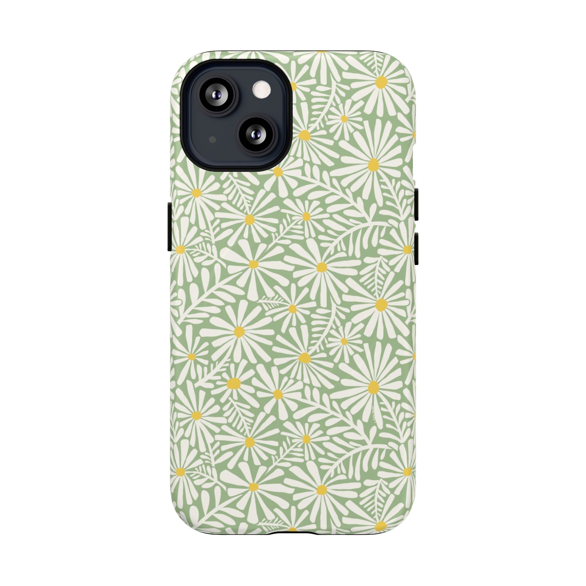 Montauk Daisy Meadow Green MagSafe iPhone 13 Case – Matte | sage green, white graphic daisy and fern print, golden yellow centers MagSafe compatible, dual-layer protection