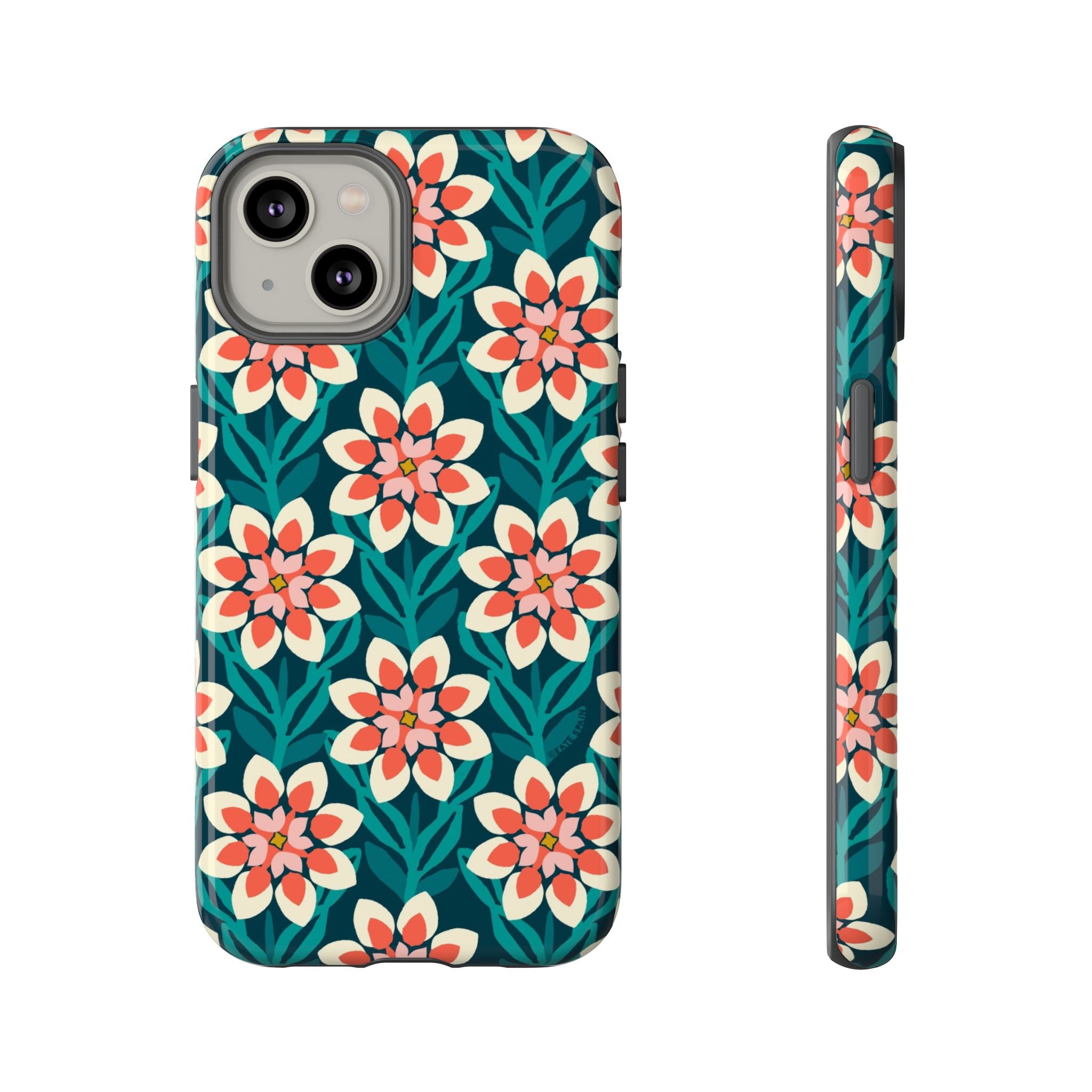 Modern Dahlia Tough iPhone 14 Case – Glossy | teal, coral, cream geometric dahlia floral print