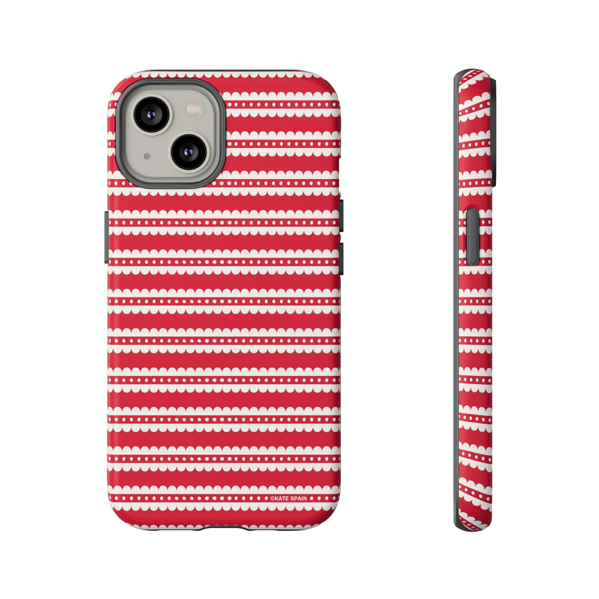 Candy Cane Stripe Tough iPhone 14 Case – Matte | red, cream scalloped candy cane stripe print