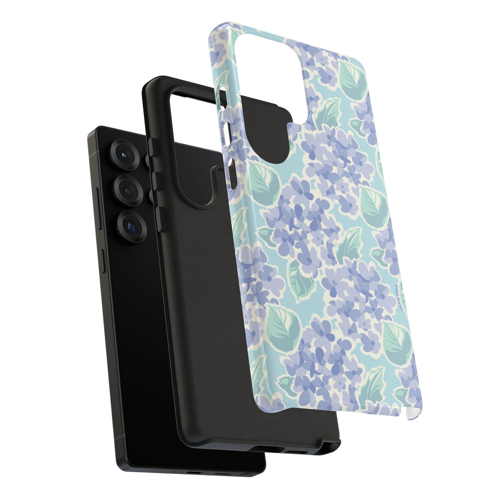 Luxury Nantucket Hydrangea Samsung Galaxy S25 Ultra Case – Glossy | close-up of shock-absorbing layer construction in periwinkle, sky blue, mint hydrangea floral print