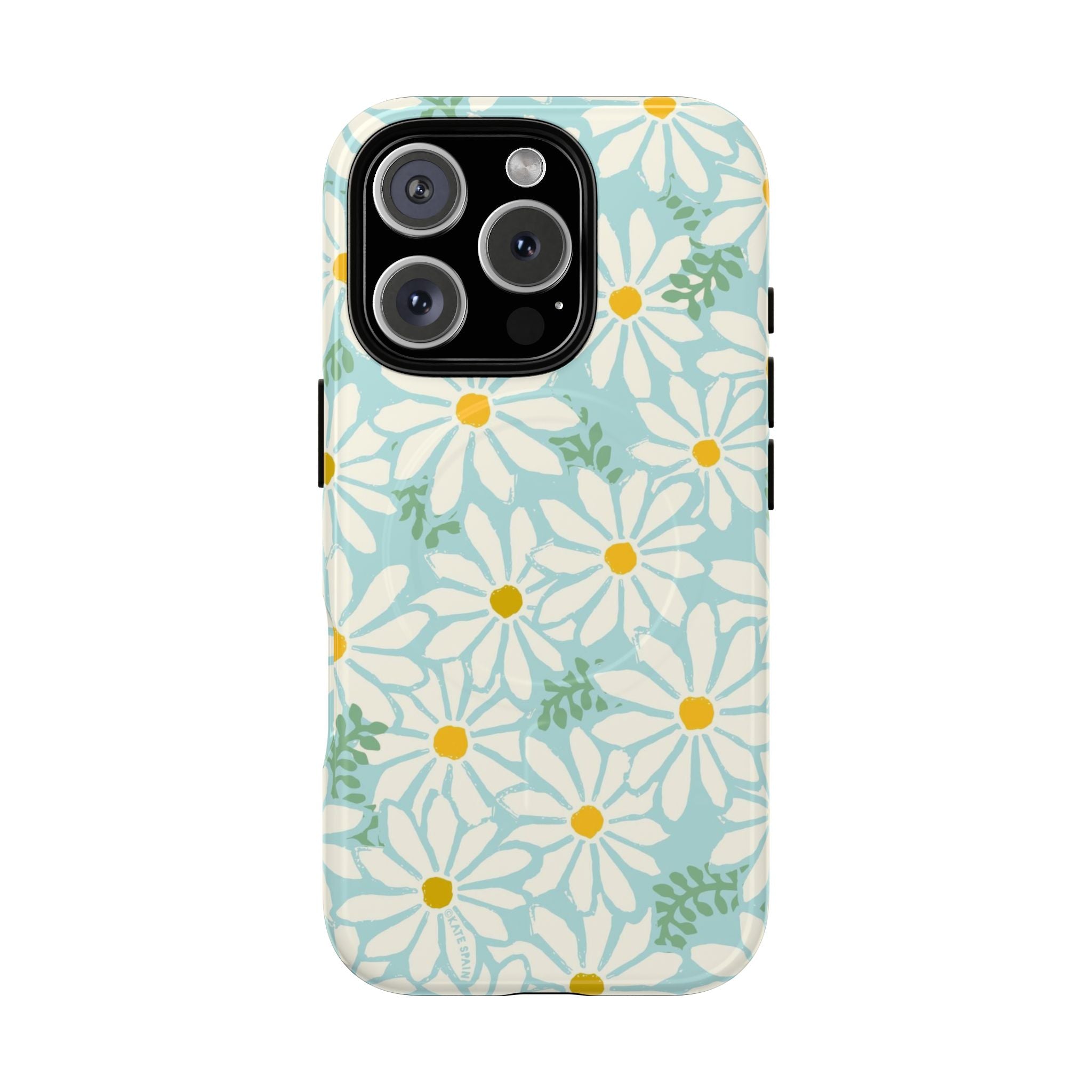 Daisies MagSafe iPhone 16 Pro Case – Glossy | mint, white, yellow botanical daisy floral print